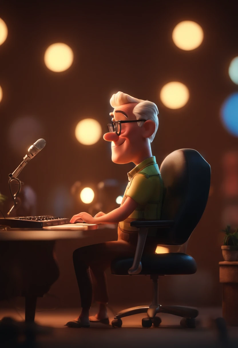A Pixar-style 3D poster, Captura de uma cena com o fundo de videoaula com um homem negro de 40 anos, Rosto redondo, corpo atletico, portanto, cabelos portantos bem curto, sem barba, without glasses , He's happy with a keyboard( Plano ) On a recording studio background with LED lights making videos for your students, animation style rendering, 3D estilizado, Arnold Maya render, 3 d render stylized, toon render keyshot, Personagem 3D, Personagem 3D, 3d rendering stylized, 3 d character render, personagem de desenho animado, Personagem de close up, Pose de personagem, (Estilo Pixar) (master part:1.2) (Bokeh) (best quality) (pele detalhada) (textura detalhada) (8k) (argila) (Cinematic lighting) (foco nítido