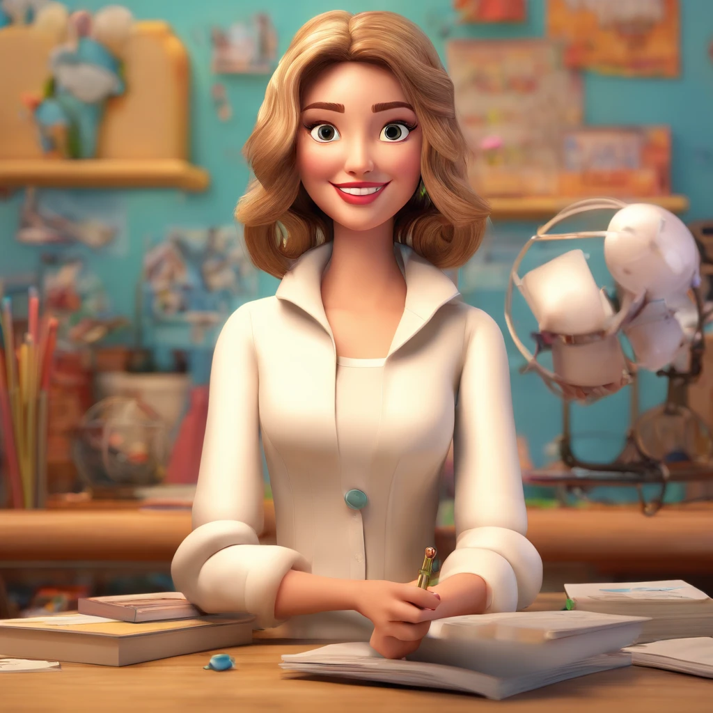 create a 3D movie poster inspired by Disney Pixar, The scene should be in Pixar's signature digital art style, com uma imagem caricatural que lembra uma mulher de 40 anos ,rosto redondo,olhos azuis ,oculos pretos,cabelo castanho pelos ombros,wears a white gown to teach a child to read.