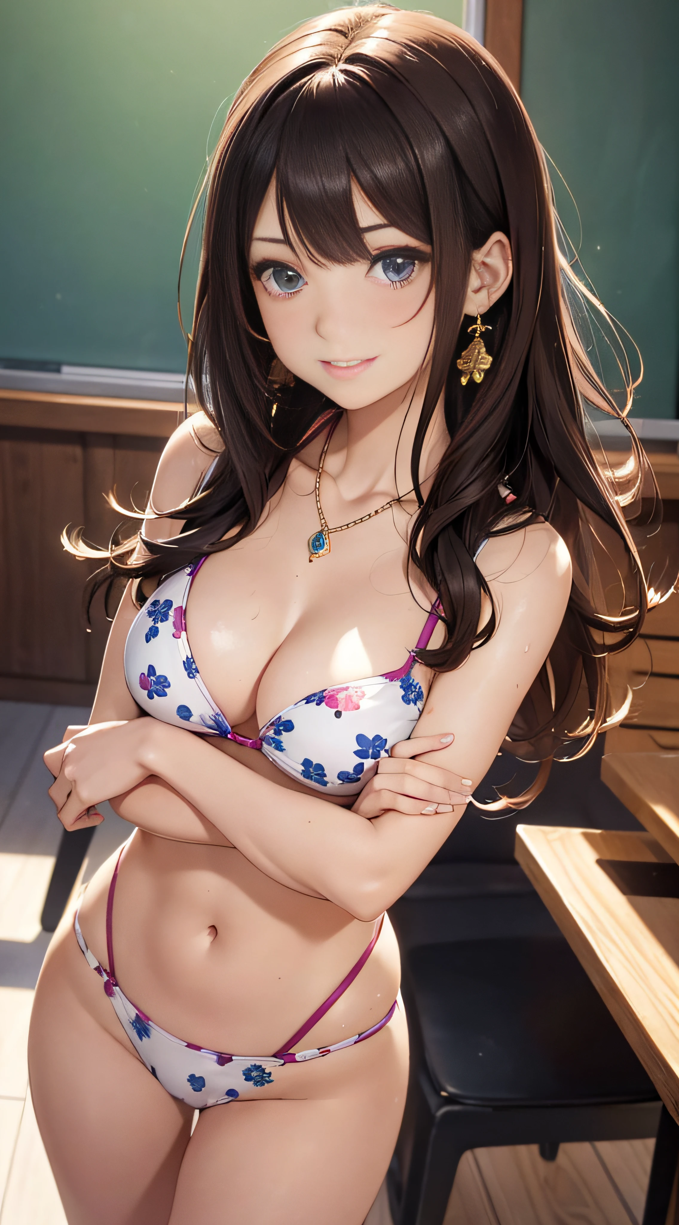(masutepiece: 1.3), (max resolution: 1.2),, (Detailed eyes and skin), (detailed facial features), nffsw, Sharp Focus: 1.2, Perfect Style, Beautiful face, Perfect body,Highly detailed face and skin texture, Detailed eyes, Dark-blue eyes, Double eyelids, Thin eyebrows, Glitter Eyeliner: 1.2, Natural cheeks, Glossy skin, Fair skin: 1.2, shiny little necklace and earrings, (Glossy lips: 1.A very cute female teacher), (Seductive smile: 1.2), ((a Innocent and cute girl:1.3)), (long, straight haired, bangss), (ligh brown hair:1.2), medium large , FULL BODYSHOT Shyness Floral swimsuit Herren cute little Breast is Pose Sexy Hips Sloed Kamimei Wet shirt