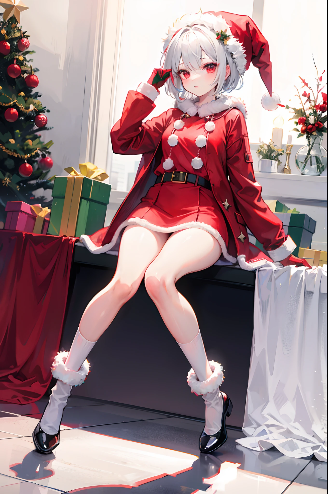 White short hair, red eyes, Santa hat, red coat, winter, Christmas, red skirt, green shoes, white socks, Christmas