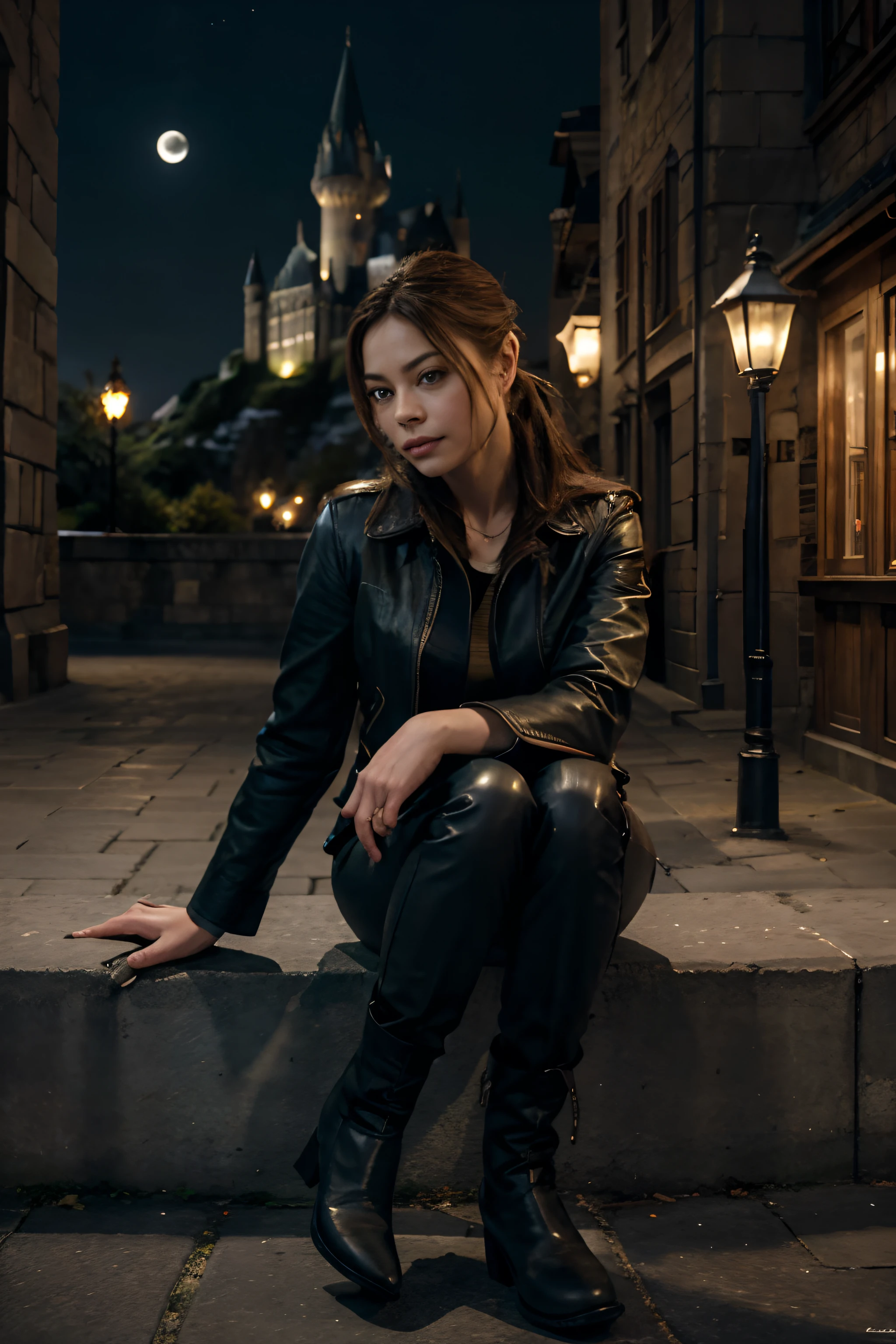 Kristin Kreuk avec blouson en cuir jaune et pantalon de cuir noir et longues bottes en cuir noires. Elle a de longs cheveux bruns. ponytail. beaux yeux verts. Handmade Wand with Green Light Full Moon Night, Hogwarts Castle in the background. Illuminated by moonlight and lamps in the city. Chef d'oeuvre. golden ratio. highly detailed. very wide shot. Very large plan