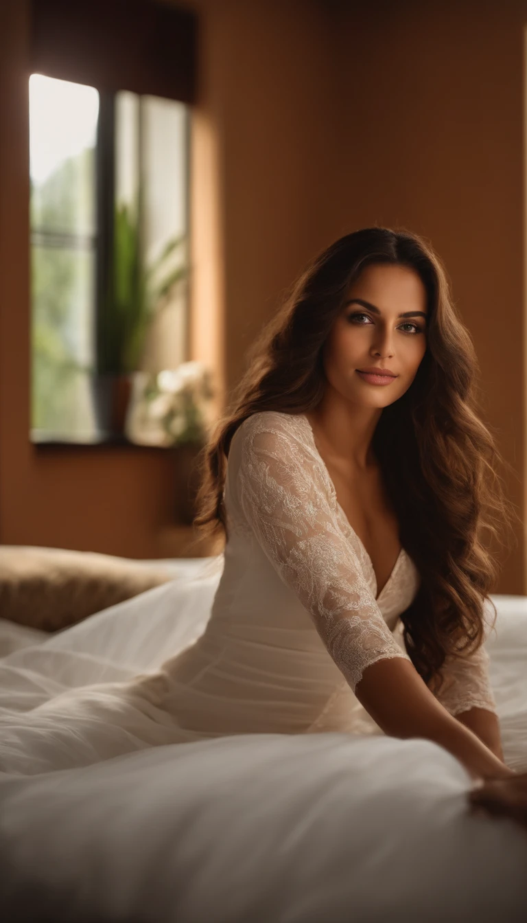 Uma mulher jovem de aproximadamente 30 anos, de beleza marcante, com corpo esbelto. She has light brown skin and shoulder-length brown hair. She's sitting on a big bed in a double room, with soft and half-lit lighting. O quarto tem uma escrivaninha e a cama possui travesseiros macios e fofos