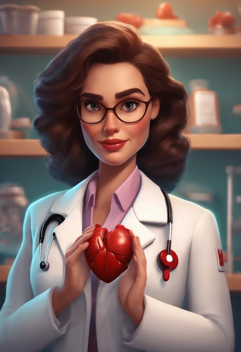Um filme inspirado na Disney Pixar (30 YEAR OLD WOMAN WITH WHITE COAT WRITTEN AMANDA MOREIRA PHYSIOTHERAPIST HOLDING A HUMAN HEART) inside a doctor's office in the background anatomy pieces in the PIXAR style, descolada e estilosa