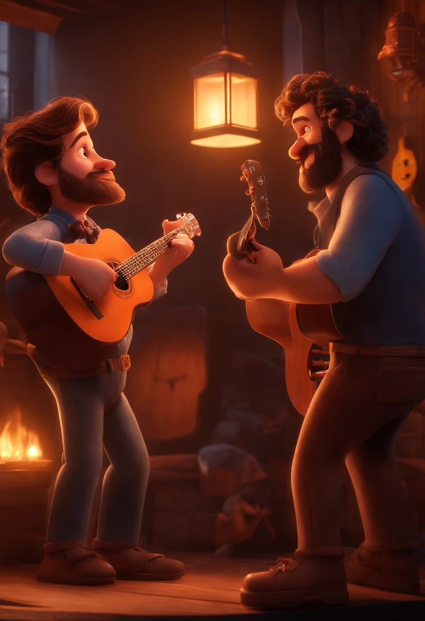 crie um banner no estilo Pixar. Dois meninos cantando, one taller and with a beard and the other smaller and with a guitar, a dupla se chama Andrey e Raffael