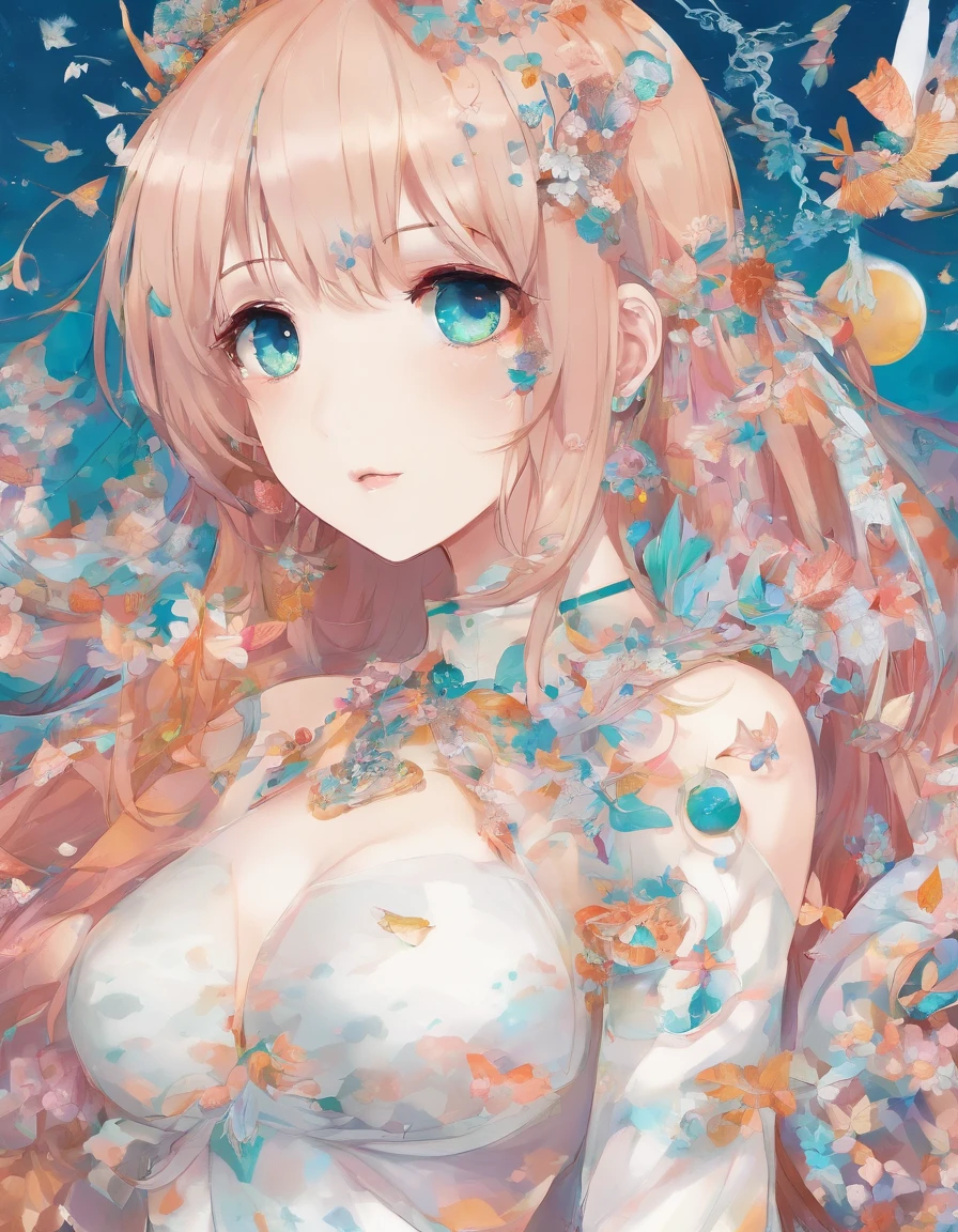 (master part, best quality) Expressive and euphoric eyes, rosto perfeito, 1 mulher bonita atraente, corpo inteiro, pele parda, vestido branco oversized solta, ombros expostos, boca fechada sorriso brilhante, Cyan Twin Tails, olhos castanho escuros, cabelos ondulados e ruivos