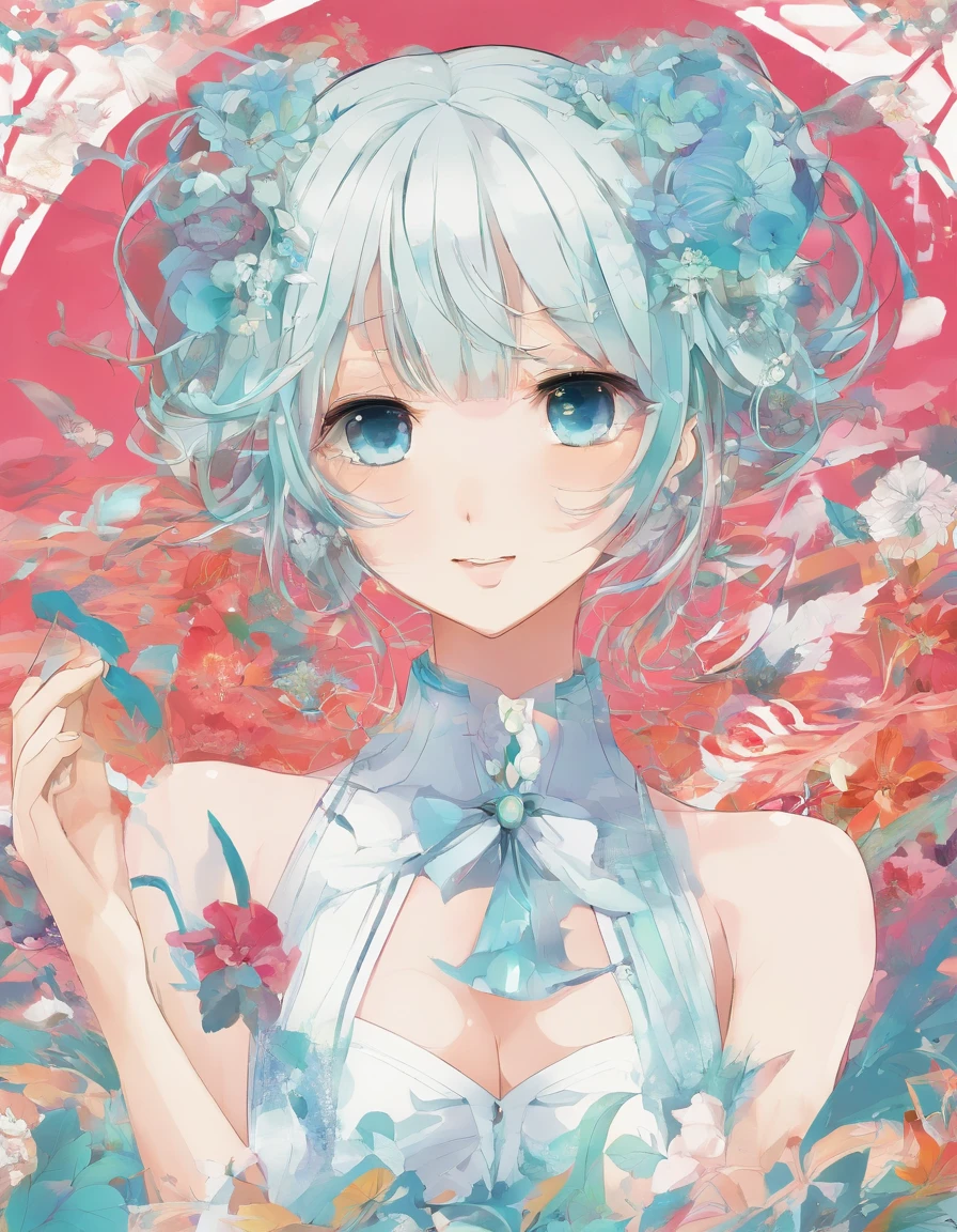 (master part, best quality) Expressive and euphoric eyes, rosto perfeito, 1 mulher bonita atraente, corpo inteiro, pele parda, vestido branco oversized solta, ombros expostos, boca fechada sorriso brilhante, Cyan Twin Tails, olhos castanho escuros, cabelos ondulados e ruivos