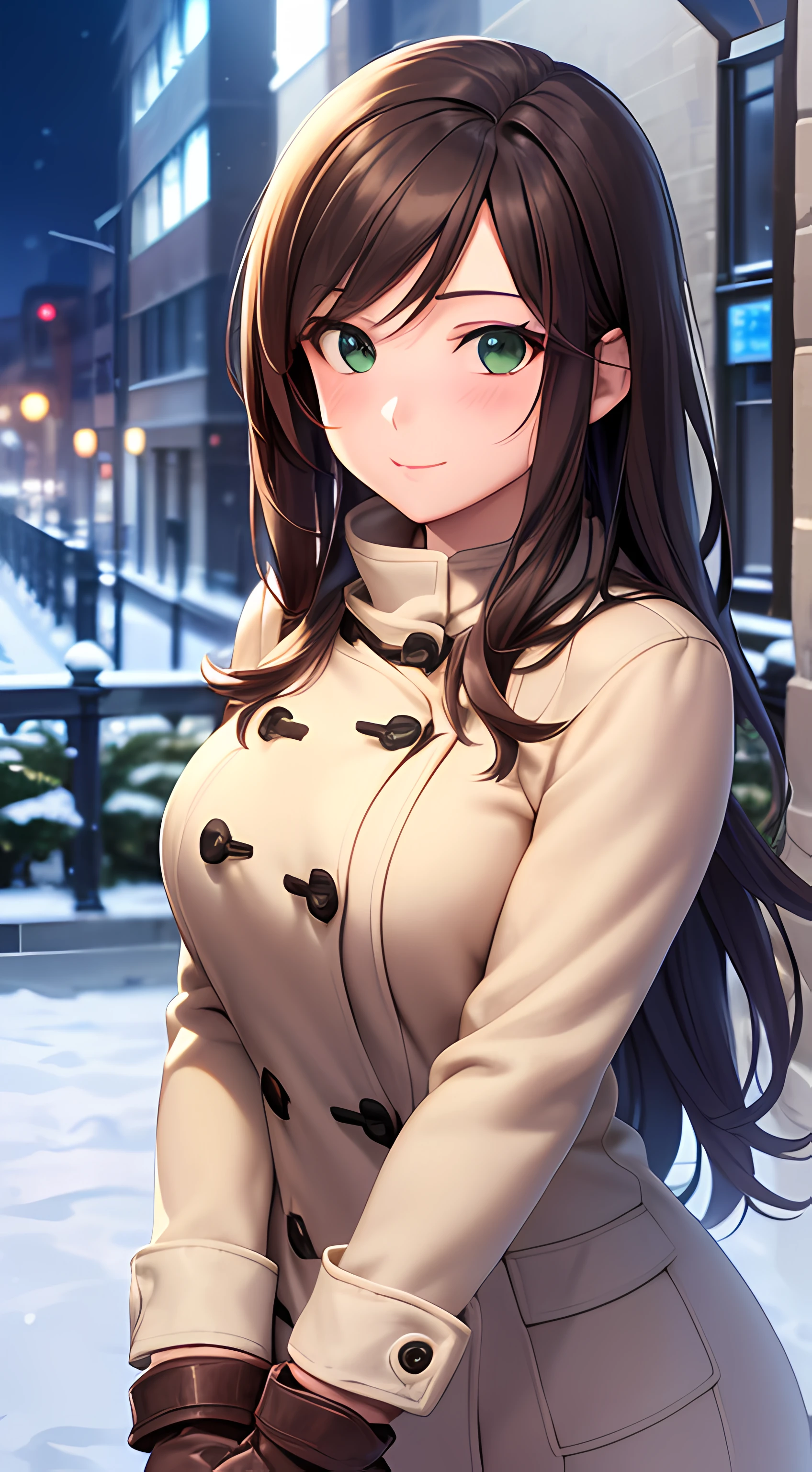 ((masterpiece, best quality, highres, UHD, perfect pixel, depth of field, 4k, RTX, HDR)), 1girl, single, solo, 24 years old, beautiful anime girl, beautiful artstyle, anime character, ((long hair, parted bangs, brown hair, wavy hair)), (green eyes:1.4, rounded eyes, beautiful eyelashes, realistic eyes), (detailed face, blushing:1.2), (smooth texture:0.55, realistic texture:0.65, photorealistic:1.2, cinematic, anime CG style), medium breasts, perfect body, busty, (dynamic angle, pov, close up), ((winter clothes, long coats, mittens, gloves, long underwear)), night, night lamp, city lights, bokeh:1.4, (outdoor, city buildings, crowd), ((winter, snow, snow crystal, winter pine trees)), sly smile