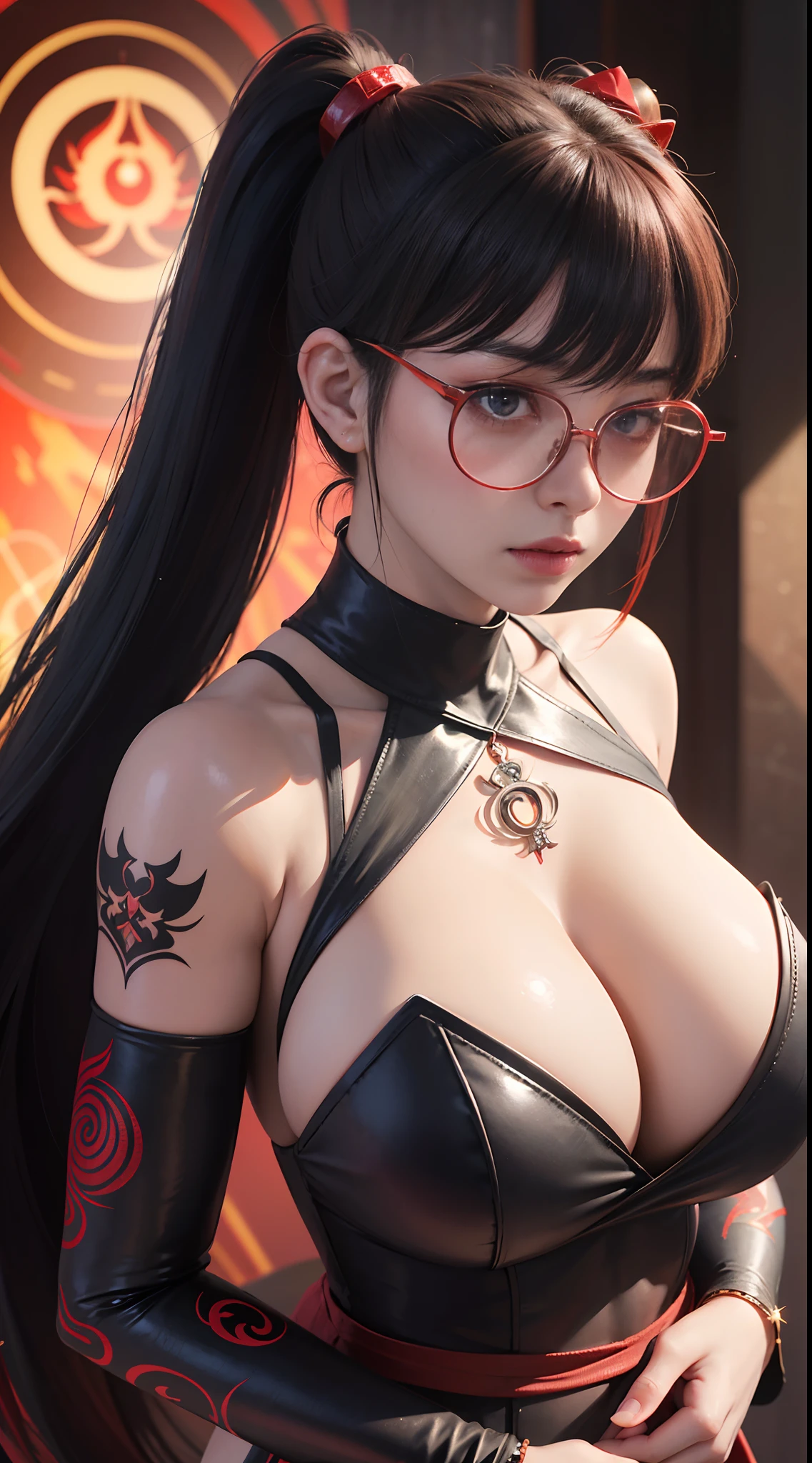 Fine、(The best illustrations)、8k UHD resolution、intricate-detail、top-quality、realisitic、ultra-detailliert、The best lighting、Best Shadows、Soft lighting、Ulutra HD、Ultra-realistic、Tindall Effect、Photorealsitic、(High Detail Skins:1.2)、 (Intricate details, makeup, pureerosface_v1:0.5), (Detailed beautiful delicate face, Detailed beautiful delicate eyes, A perfectly proportioned face, High detailed skin, Detailed skin, best ratio four finger and one thumb, arms below breasts, Tattoo with a red glow under the stomach、Awesome awesome, wide hips, smooth midriff, skiny and thin, __Fashion__, __hair__:1.25)、Digital SLR、 absurderes、1 beautiful devil woman from hell, surreal female portraits by David Hockney and Alphonse Mucha, Portrait of a seductive woman、Fantasy Art, Chinese Doll、Chinese actress、Dungeon、The dragon、Devil's Palace、Devil's Torture Chamber、natta、Dark style 、In the Dark、(Detailed spooky backgrounds:0.8), magia、 1人、Evil Nun、Dark Necromancer、Succubus、Devil's Daughter、Umi Shinonome、Bat Wings,(((Demon Horns)))、 ((((Huge glasses, Otaku Glasses, thick glasses, Round glasses)))),(((Colossal tits)))、(Devil's Tail)、(red eyes glowing:1.6)、red eyes make up very sharp and detailed, The eyes are very well made up, ((Red Eye:1.0)),intricate tattoos, demonic intricate tattoos, thigh tattoos, body tattoos, masterpiece、The most beautiful face、a baby face、Charming smile、plump beautiful red lips、Muscular seductive body、The enchanting body of the devil、devil style、Seductive Black Magic Costume、(((A shiny red snake is wrapped around her body)))、The long-haired、Braids、Black hair、Ponytail distortion、, Ponytail with a bow tied at the back of the hair, Beautiful expression、Body Up、Large breasts emphasis、Bust, Super tight breasts, Breast augmentation surgery, The breasts are very big and round and round,Toned waist、Wide buttocks、 lowkey, cowboy lens, (red phoenix dress: 1.0), devil crown, Red sparkling gemstone necklace、Jewelry Gwise, wearing black mesh socks,Wear light red、nffsw,
