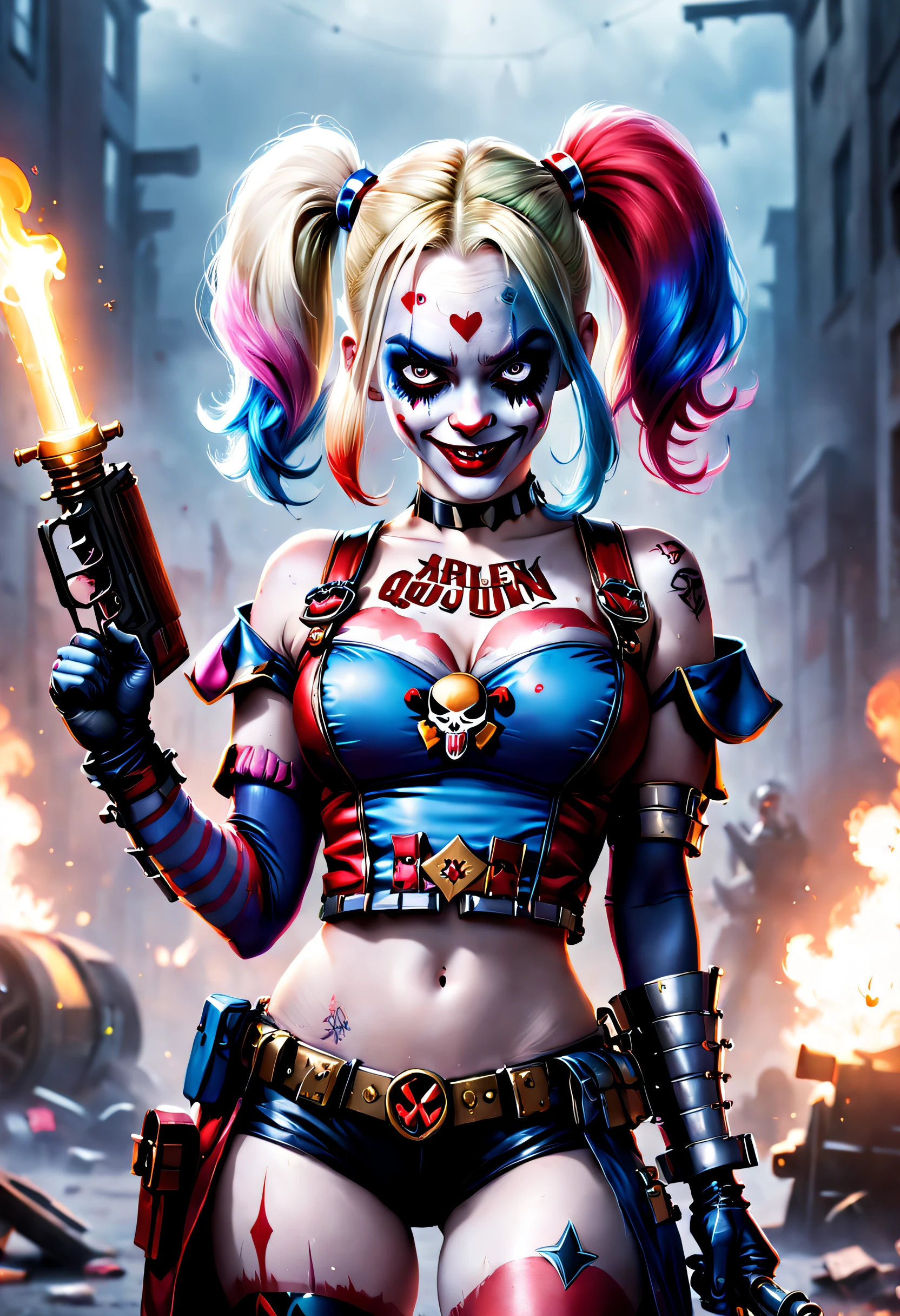 cinematic ligh,《Suicide Squad》,Harley Quinn, Clown Girl,Armed with a Gatling in hand,( Logo design_1.5),Harley Quinn logo,Create a nuanced gothic dream mage style