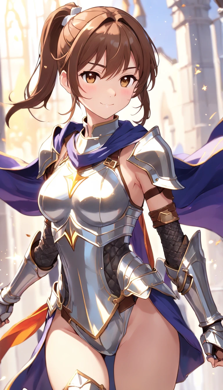 Lapisfe, One girl, alone, View your viewers, blush, bangs, gloves, Upper Body, Braiding, hair band, Outdoor, Part your lips, null, Day, Raise your hand, Pink Eyes, armor, wood, Covered navel, Blurred Background, Place your hand on your chest, shoulder armor, side Braiding, breastplate, red armor