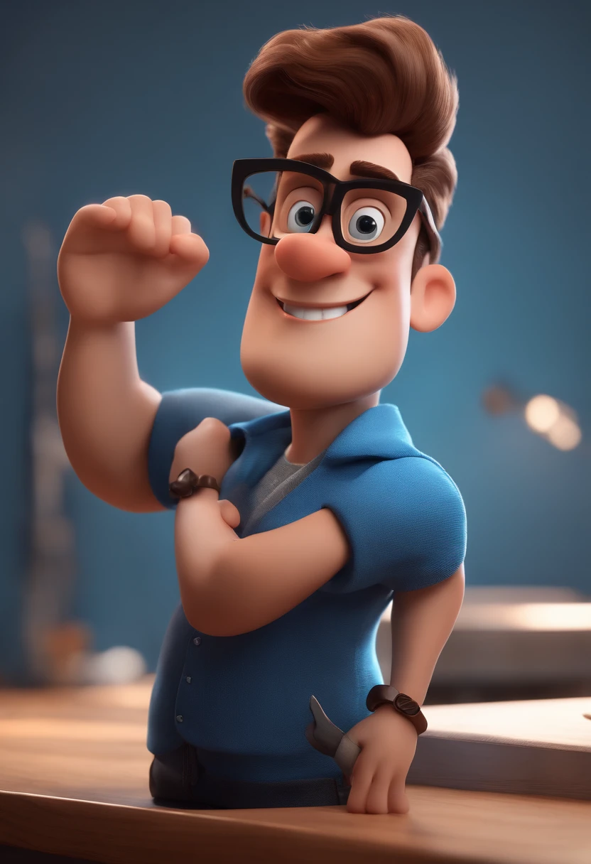 Cartoon character of a man with black glasses and a blue shirt, animation character, Caractere estilizado, animation style rendering, 3D estilizado, Arnold Maya render, 3 d render stylized, toon render keyshot, Personagem 3D, Personagem 3D, 3d rendering stylized, 3 d character render, personagem de desenho animado, Personagem de close up, Pose de personagem, (Estilo Pixar) (master part:1.2) (Bokeh) (best quality) (pele detalhada) (textura detalhada) (8k) (argila) (Cinematic lighting) (foco nítido