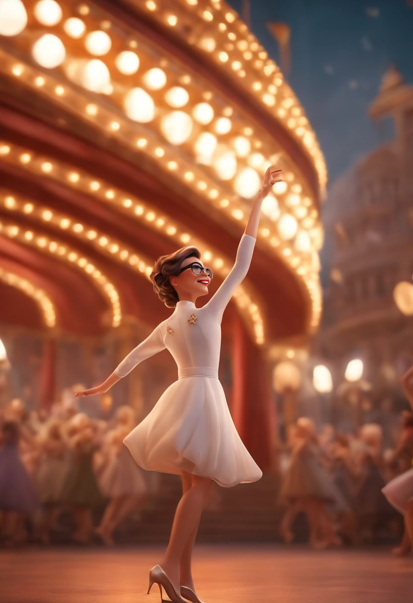 "(best quality,ultra-detalhado,Realistic:1.37),3D rendering,illustration,design de personagens,cabelos curtos e cacheados escuros,belos olhos detalhados,wearing white glasses,Estilo Pixar,morena mulher,Dancing on the Disney stage,atmosfera animada,vivid colors,luzes de palco,expression joyful"