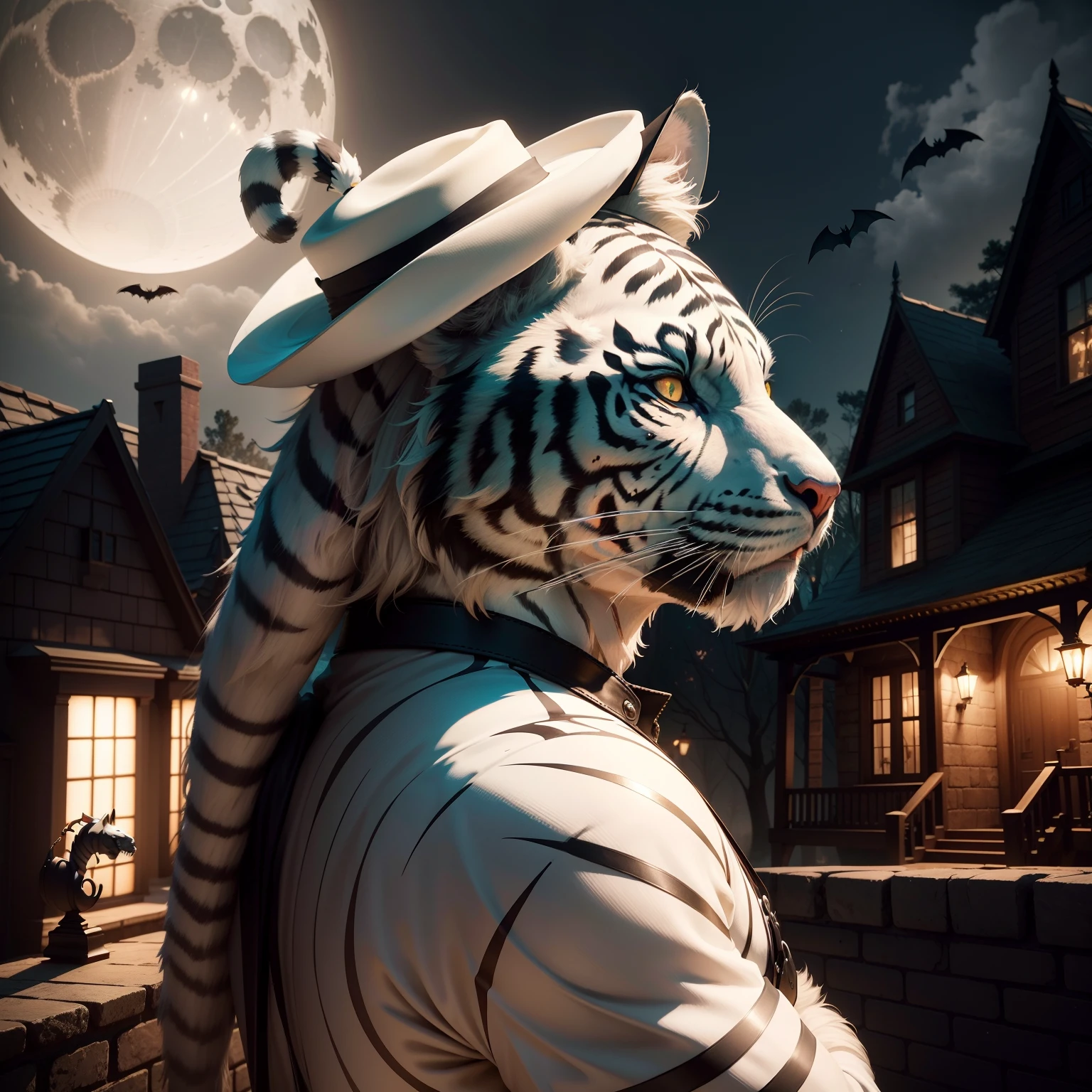 White tiger in Halloween hat.,(master-piece,bestquality:1.2),Best Lights,best shadows,Show background, . . . . . . .bat,full big moon,Old House,stylized 3d render