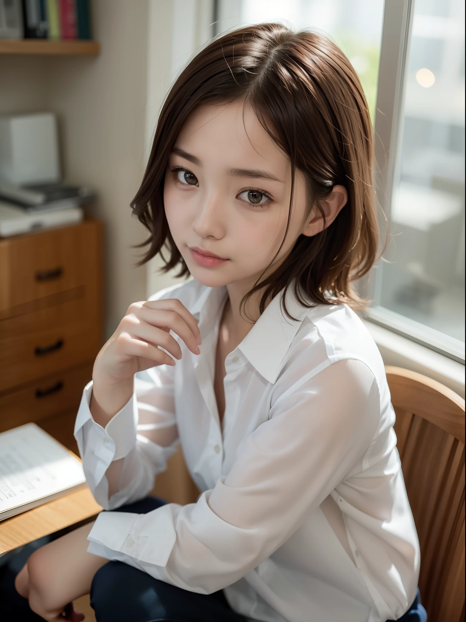 ((top quality, 8k, masterpiece: 1.3, raw photo)), Sharp Focus: 1.2, (1 aespa girl: 1.2), (Realistic, Photorealistic: 1.37), (face focus: 1.1), cute face, small breasts, flat chest, short messy hair, (business shirt: 1.1), panties, beautiful woman sitting by the office room, spread legs, sunlight, movie lighting