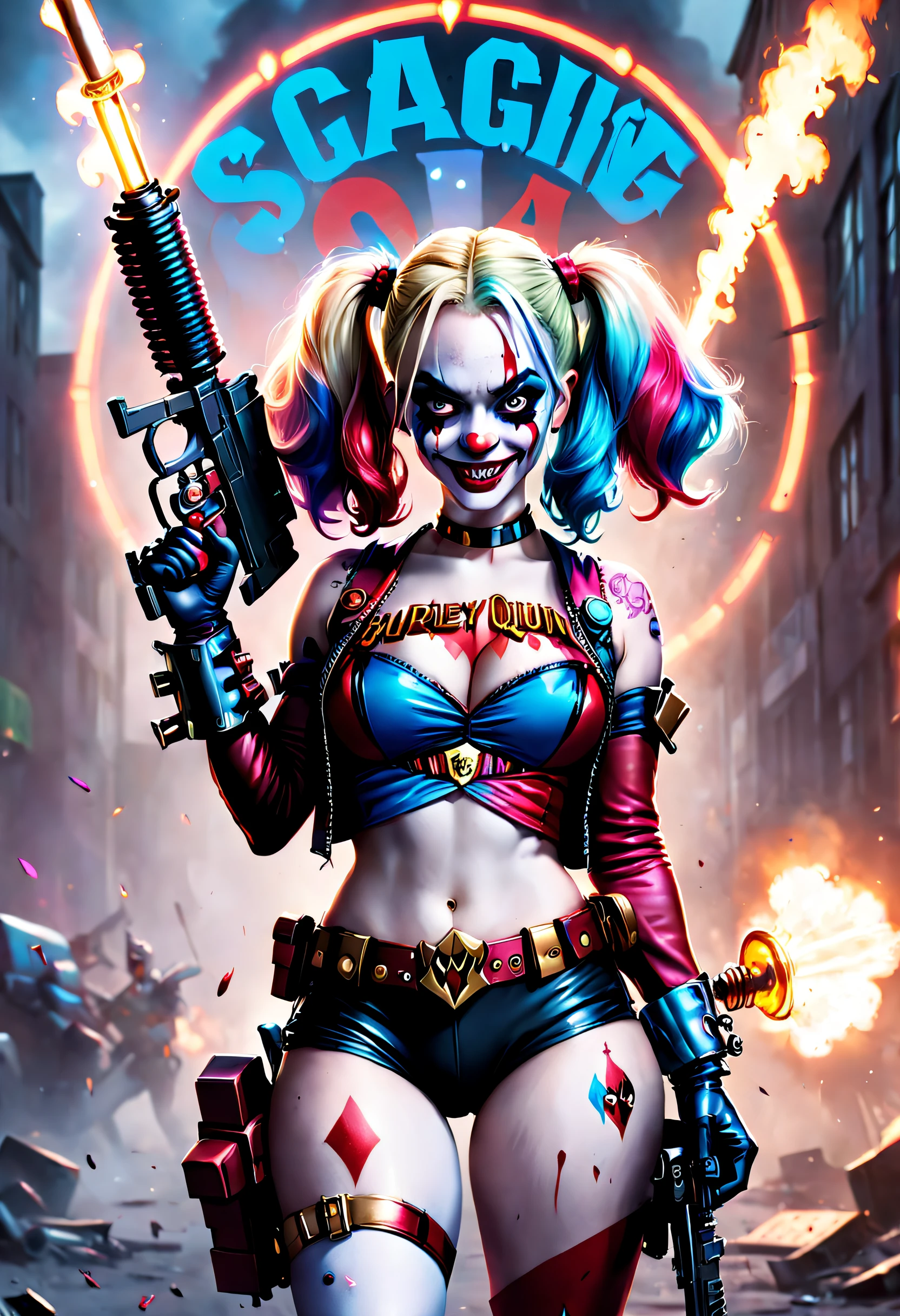 cinematic ligh,《Suicide Squad》,Harley Quinn, Clown Girl,Armed with a Gatling in hand,( Logo design_1.5),Harley Quinn logo,Create a nuanced Dream Mage style
