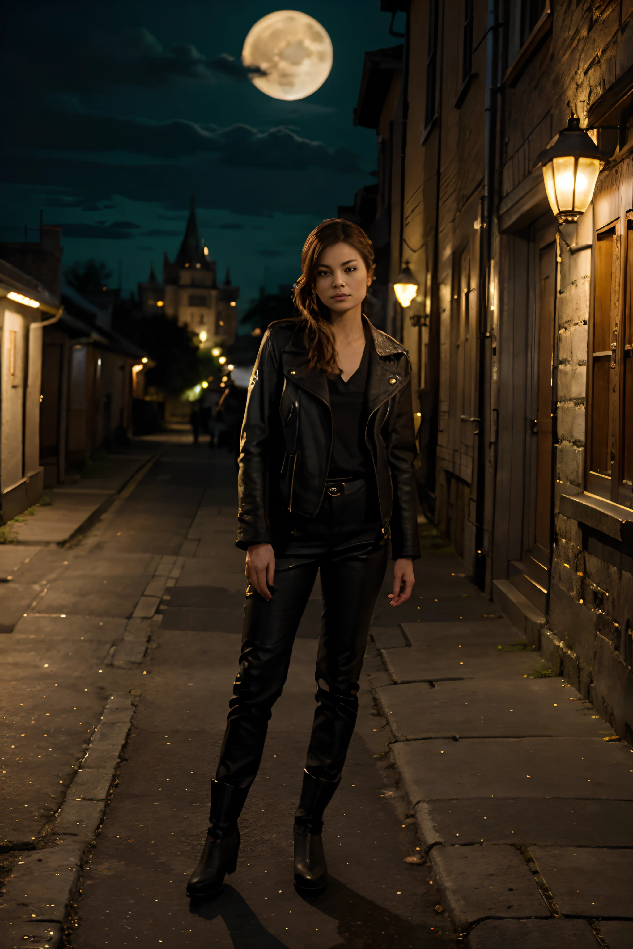 Kristin Kreuk avec blouson en cuir jaune et pantalon de cuir noir et longues bottes en cuir noires. Elle a de longs cheveux bruns. ponytail. beaux yeux verts. Handmade Wand with Green Light Full Moon Night, Mahoutokoro Castle in the background. Illuminated by moonlight and lamps in the city. Chef d'oeuvre. golden ratio. highly detailed. very wide shot. Very large plan