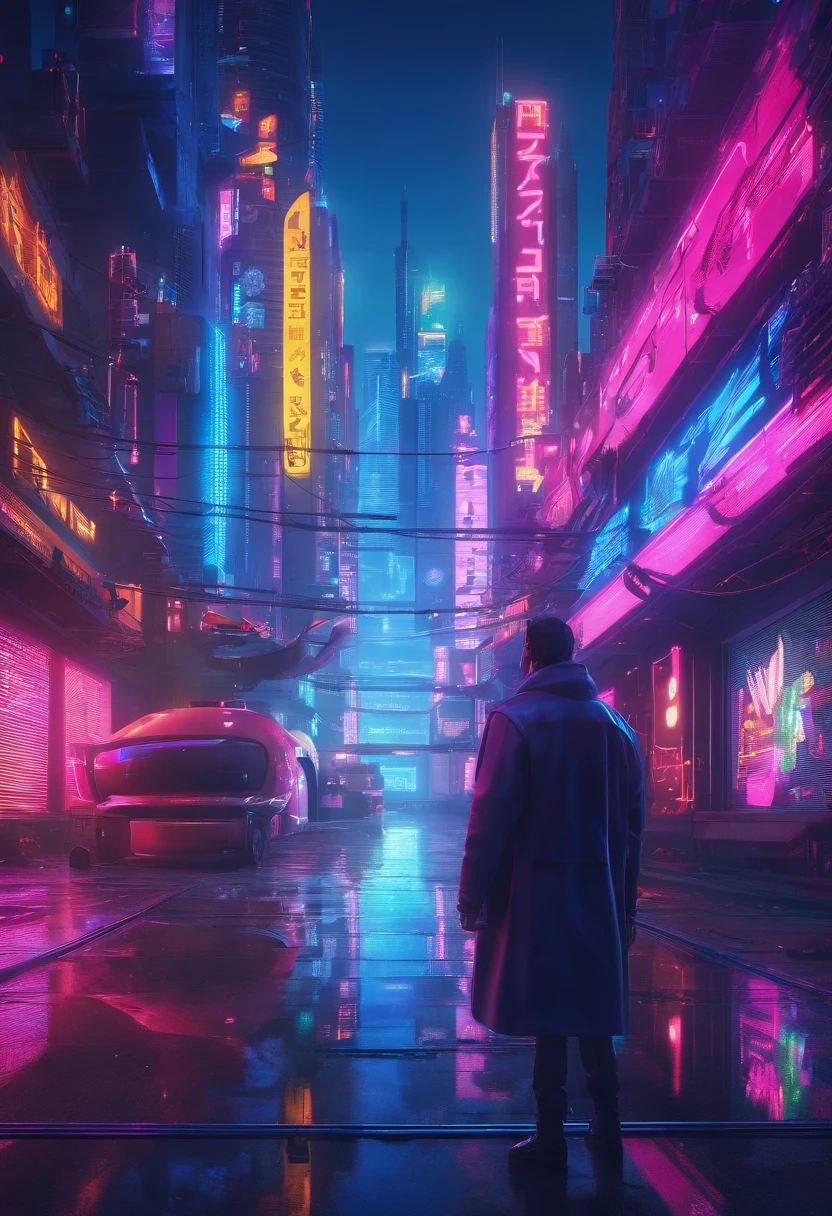Menino com olhos azuis e cabelos loiros, sorridente, cidade futurista ao fundo, Neon signage, The world of tomorrow, Powered by Artificial Intelligence, em uma foto 8K muito realista