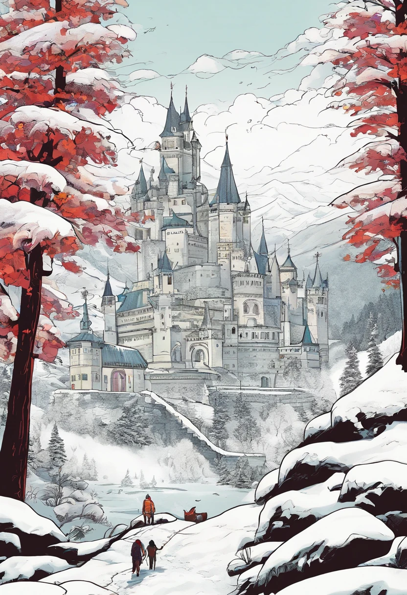 Um castelo na colina, com montanhas ao redor, todas com neve