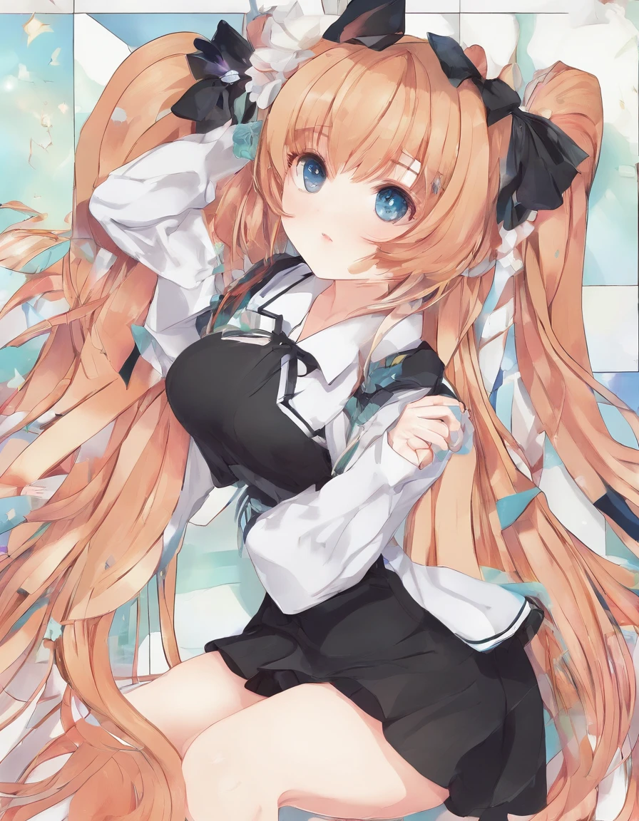 (master part, best quality) Expressive and euphoric eyes, rosto perfeito, 1 mulher bonita atraente, corpo inteiro, pele parda, vestido branco oversized solta, ombros expostos, boca fechada sorriso brilhante, Cyan Twin Tails, olhos castanho escuros, cabelos ondulados e ruivos