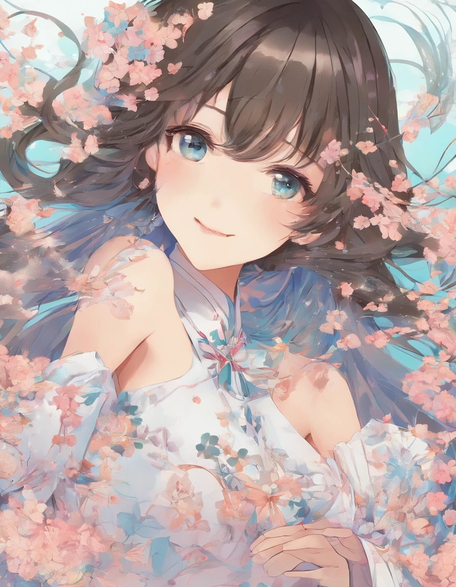(master part, best quality) Expressive and euphoric eyes, rosto perfeito, 1 mulher bonita atraente, corpo inteiro, pele parda, vestido branco oversized solta, ombros expostos, boca fechada sorriso brilhante, Cyan Twin Tails, olhos castanho escuros, cabelos ondulados e ruivos