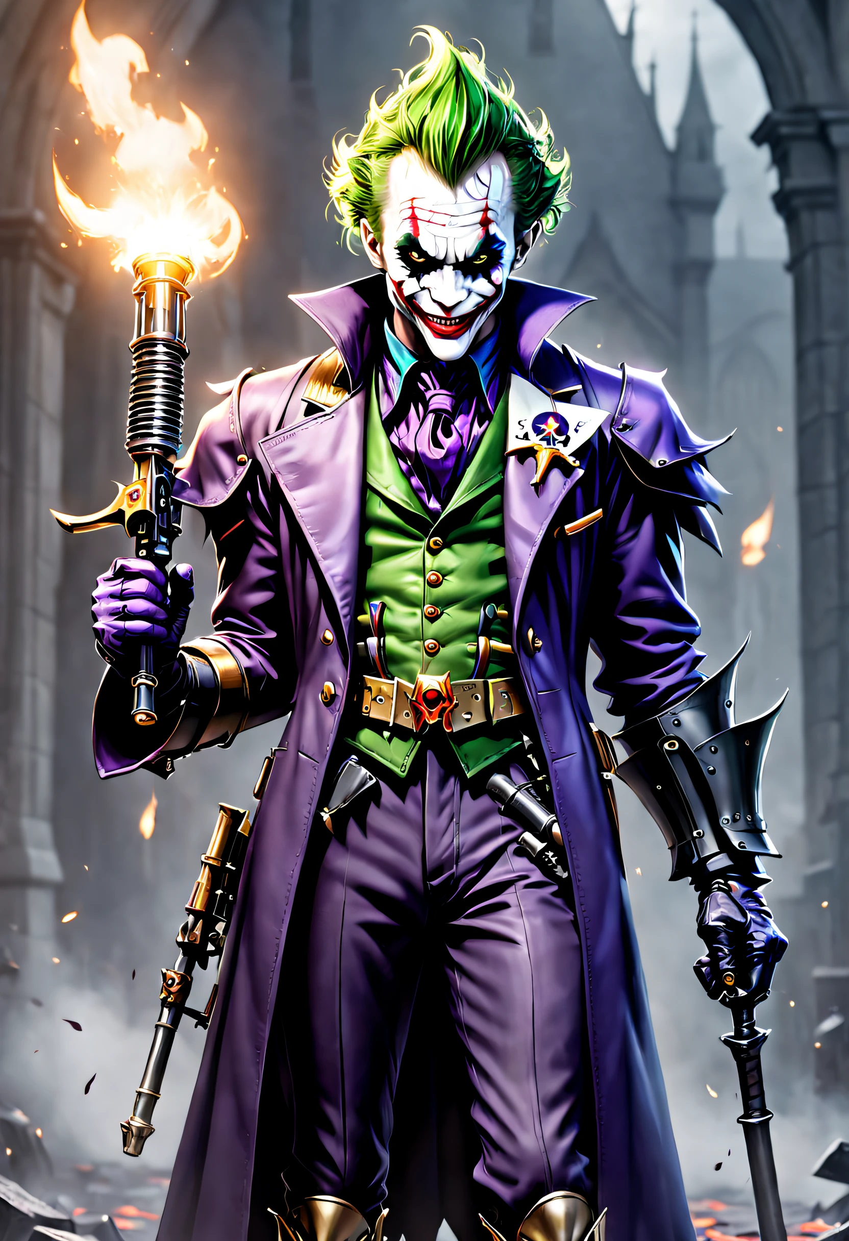 cinematic ligh,《jocker》,Arthur, jocker,Armed with a Gatling in hand,( Logo design_1.5),Joker logo,Create a nuanced gothic mage style