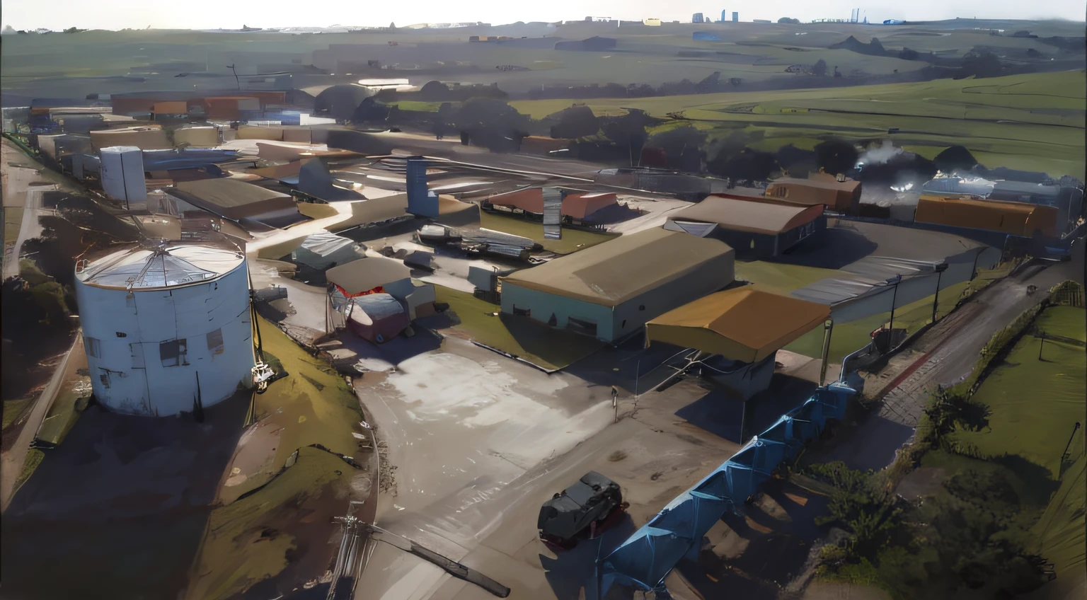 Aerial view of a large industrial area with a large building, aerial footage, aerial view cinestill 800t 18mm, foto tirada de cima, tiro de arial, air shot, High aerial shot, Foto de cima, aerial shot from the drone, Tiro de drone, wide aerial shot, viewed from bird's-eye, Vista do drone, aerial view from above