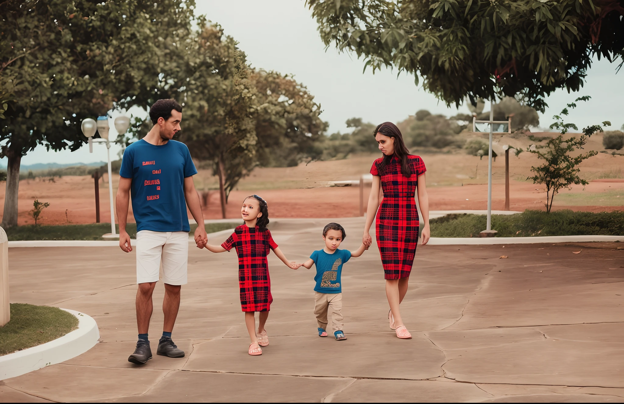 There's a man and a woman and two children walking together, of a family standing in a park, family photography, estilo de vida, Directed by: Samuel Silva, Happy family, usando um vestido xadrez vermelho, por Romain brook, fami, Directed by: Nandor Soldier, Family photo, inspired by Almeida Júnior, holiday season, lonely family, family portrait