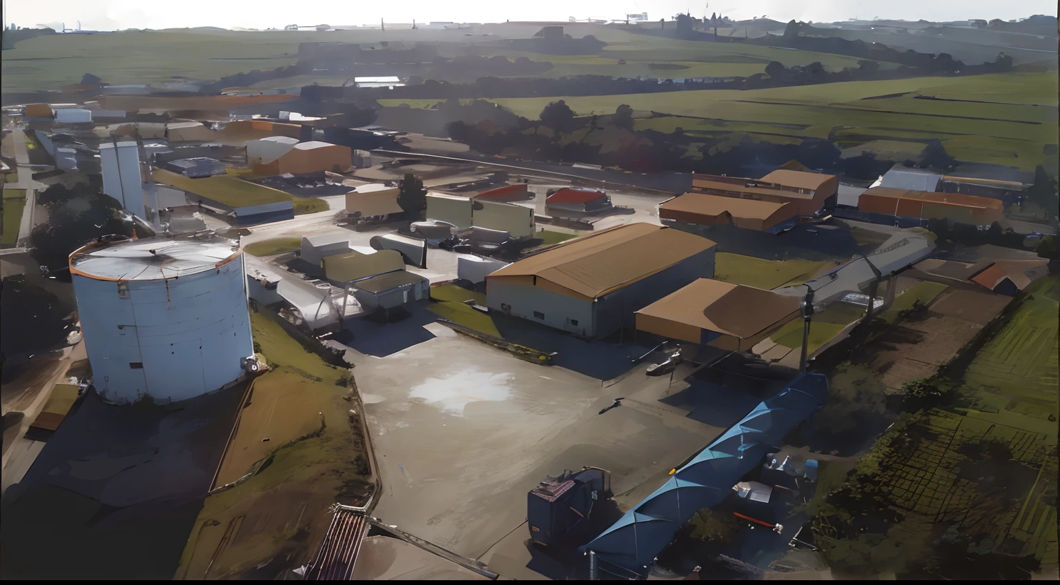 Aerial view of a large industrial area with a large building, aerial footage, aerial view cinestill 800t 18mm, foto tirada de cima, tiro de arial, air shot, High aerial shot, Foto de cima, aerial shot from the drone, Tiro de drone, wide aerial shot, viewed from bird's-eye, Vista do drone, aerial view from above