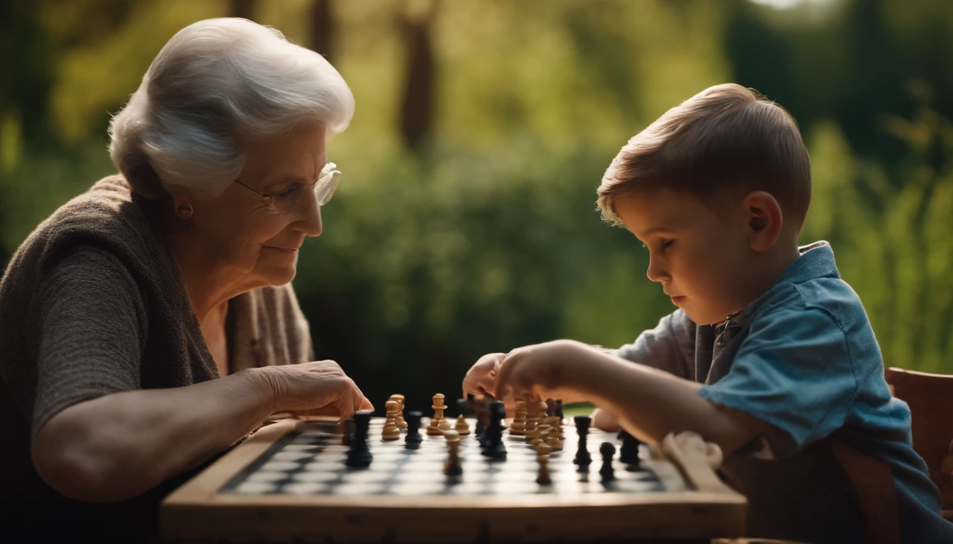 A grandmother and a grandson, Grandfather near grandson playing checkers Cinematic and realistic image with a very detailed environment