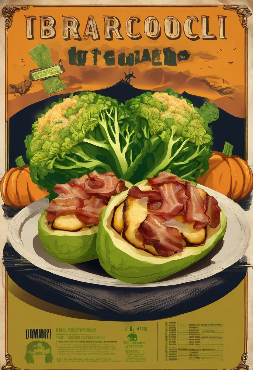 Broccoli stuffed potatoes with bacon halloween style, com catupiry e oregano, em uma embalagem aberta de isopor