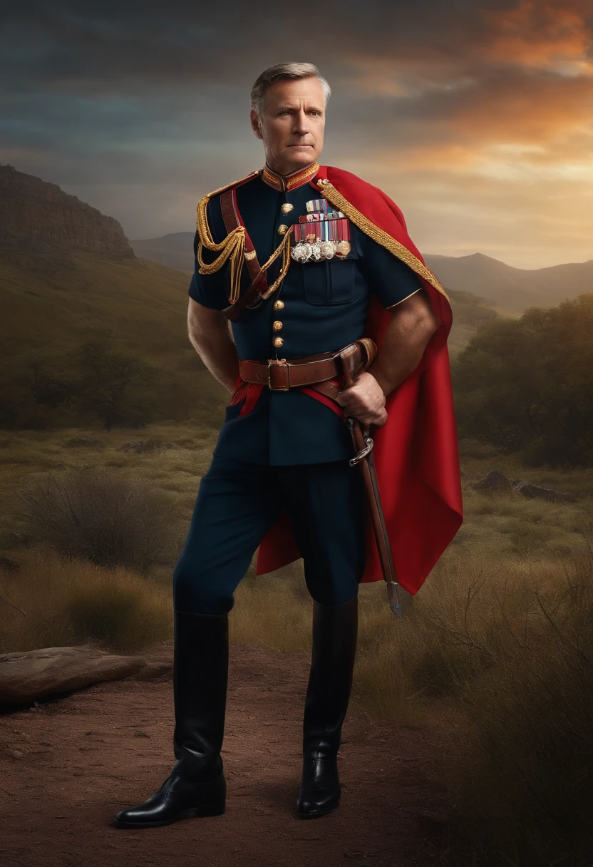 A uniformed middle-aged man with a red armband on his left arm