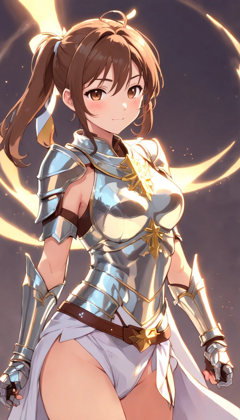 Asuna, Asuna_(As estrelas), (1girll,Solo) ,Fantasy, hight resolution, 19 Private, Original, (Sheath of the waist:1.3), Smile, , Short hair, medium breasts, view the viewer, Bangs ,Hazel Eye Detail, , Hands on the chest,(Brown hair,short ponytail hair:1.5), ,Short hair, Standing,straight-on, ABEC,(full body Esbian:1.1), white thighhig,(ABEC:1.4),a close up of a woman in armor holding a sword, armor girl, bikini armor female knight, Bikini Armor, bikini-armor, Gorgeous Female Paladin, Female knight, of a beautiful female knight, Beautiful armor, A slender、silver bikini armor, Exposure of the abdomen, ornate bikini armor, stunning armor, The knight of beauty smiled,Longitudinal navel、skin gloss、skin gloss、full body Esbian,Futomo,Silver Armored Boots