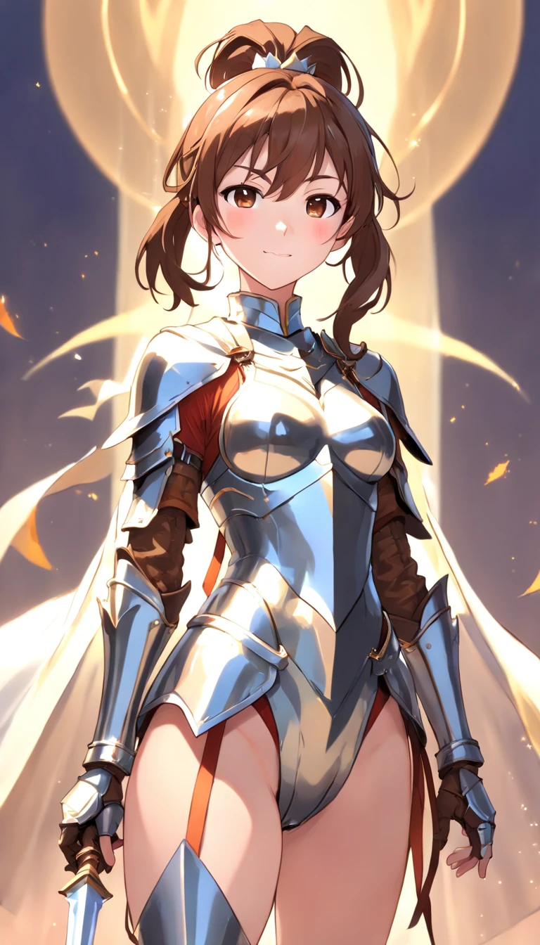 Asuna, Asuna_(As estrelas), (1girll,Solo) ,Fantasy, hight resolution, 19 Private, Original, (Sheath of the waist:1.3), Smile, (White Knight Wizard Chief Cloak:1.5), Short hair, medium breasts, view the viewer, Bangs ,Hazel Eye Detail, Beautiful background, ((the morning sun,Western-style private room)), Hands on the chest,(Brown hair,short ponytail hair:1.5), (Platinum Knight Wizard Armor:1.55),Short hair, Standing,straight-on, ABEC,(full body Esbian:1.1), white thighhig,(ABEC:1.4),Longitudinal navel, Exposure of the abdomen