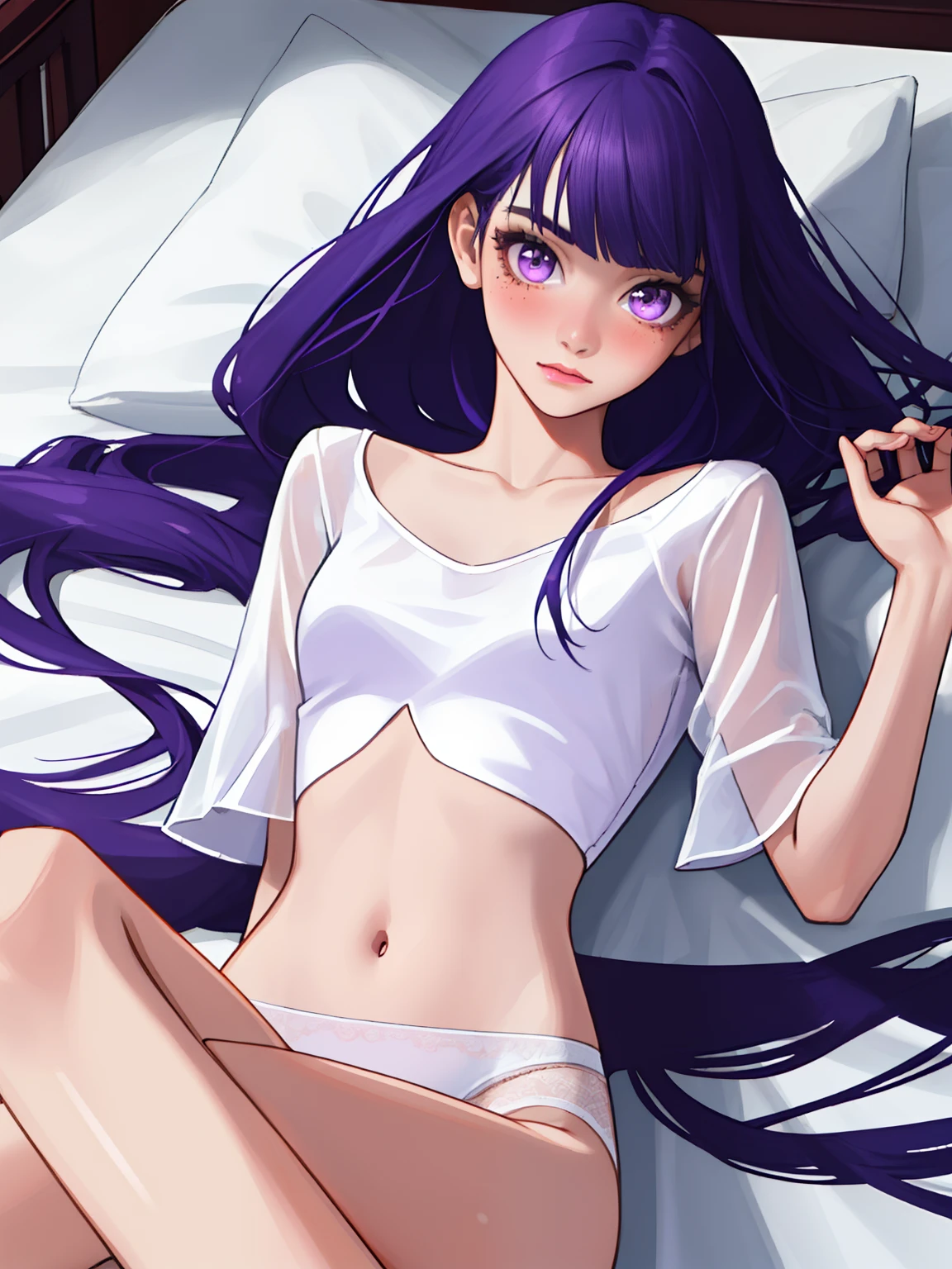 Perfect shape, Precise proportions, Chinese Models, 18 year old Chinese girl, purple hair, purple eyes, Fly poop under the eyes, A slender model lying beside her bed., single, Compact, I fluttered in the wind., tulle, elongated legs, The feet are slightly open., Buttocks, Blush, Embarrassed, clavicle, Abdomen, Double weave, chinese women, Beautiful and delicate face, Fair-skinned, real skin, (face detailed), Goose egg face, pores, ultra-high resolution,  8k, Parameters: Best quality, master-piece, Maximum resolution, (Realistic 2.0), more detailed, Skin Details, white panties, Straight brunette hair, beautidul eyes, asian girl, thin, fashion, Cosplay Girl, girlfriend, pretty, attractive, floral, studio light