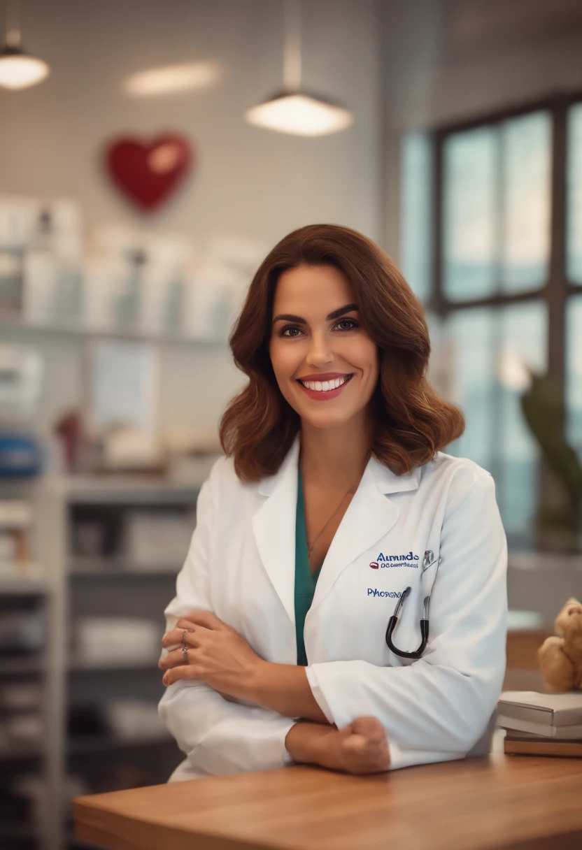 Um filme inspirado na Disney Pixar (30 YEAR OLD WOMAN SHORT BROWN HAIR AND BROWN EYES CHARMING SMILE WITH WHITE COAT WRITTEN AMANDA MOREIRA PHYSIOTHERAPIST HOLDING A HUMAN HEART) Inside a doctor's office in the background anatomy pieces in the PIXAR style, descolada e estilosa