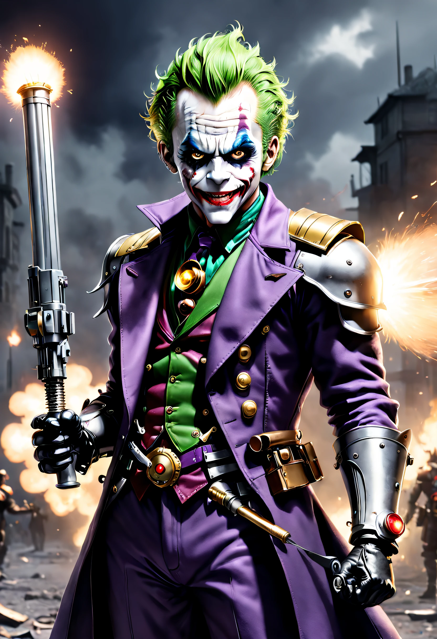 cinematic ligh,《jocker》,Arthur, jocker,Armed with a Gatling in hand