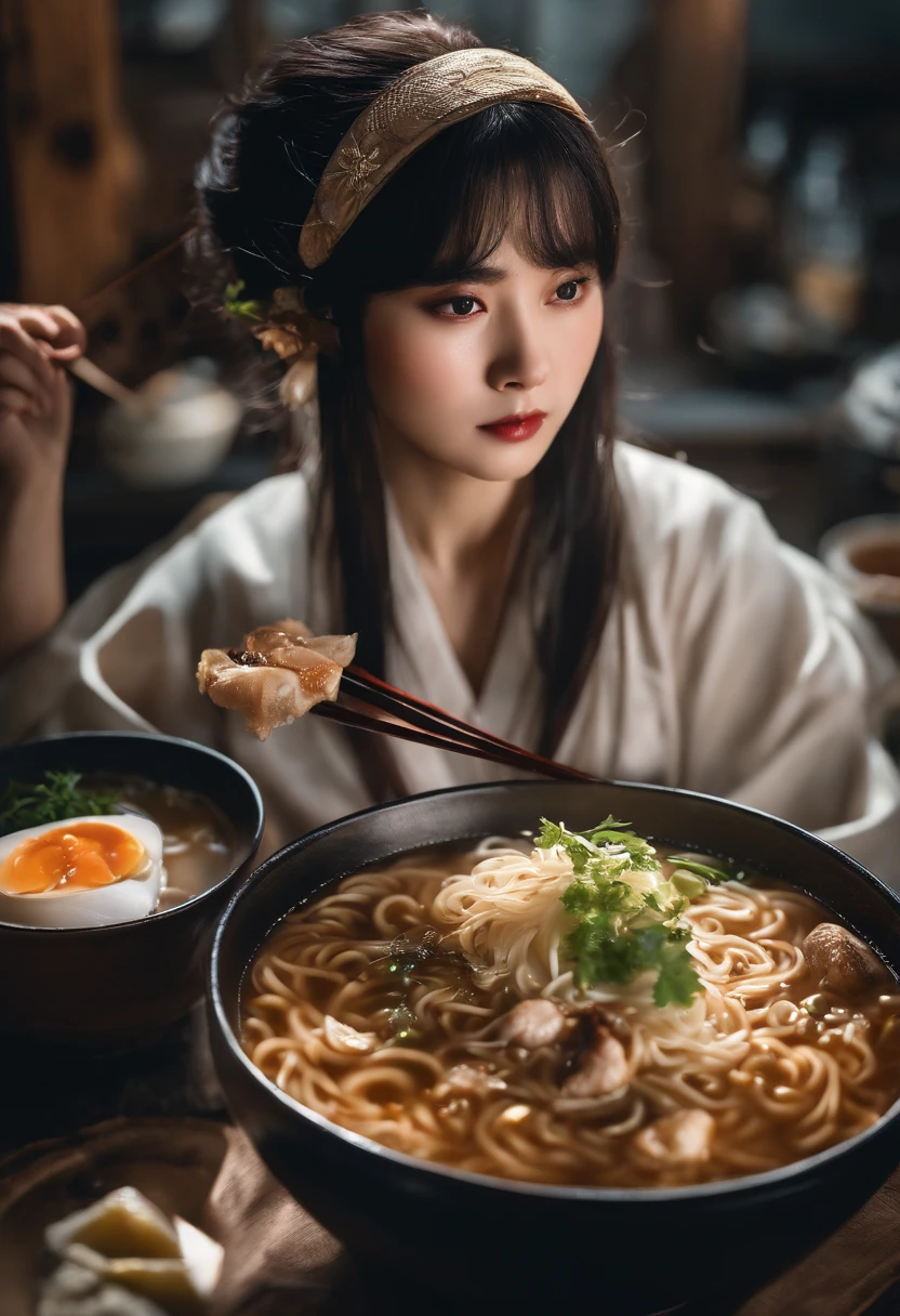 ramen、1人、girl with、A dark-haired、Hang your hair over your ears、japanes、Beautie、