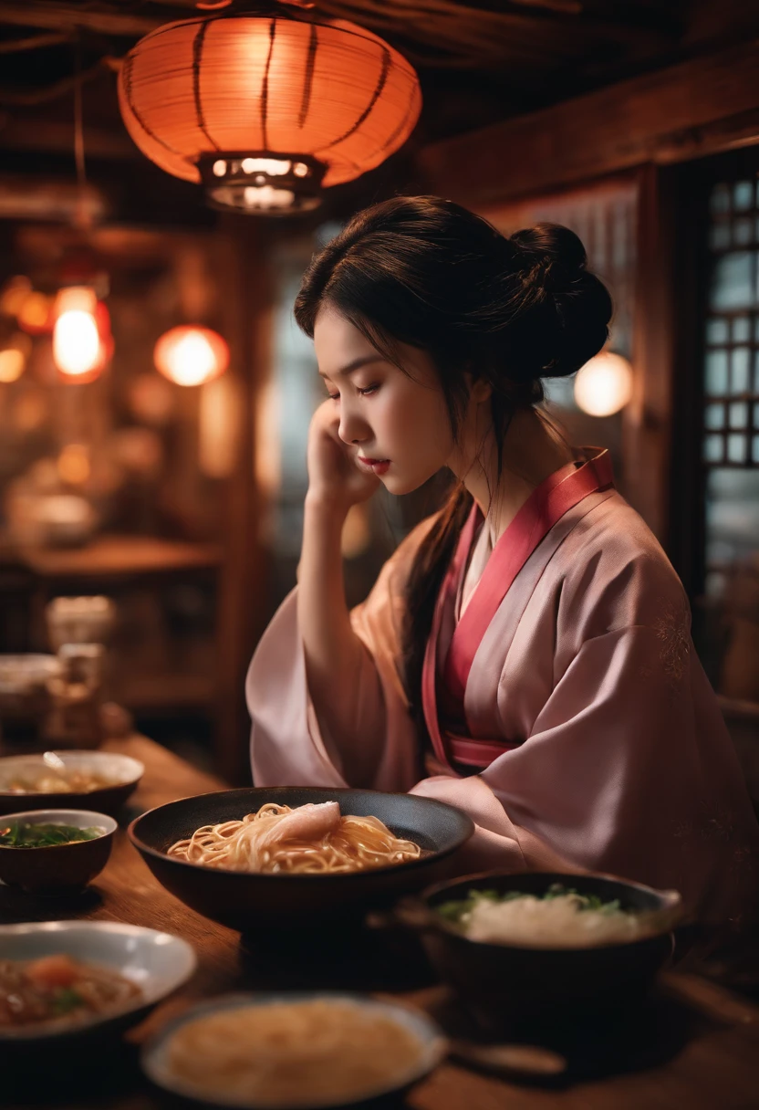ramen、1人、girl with、A dark-haired、Hang your hair over your ears、japanes、Beautie、