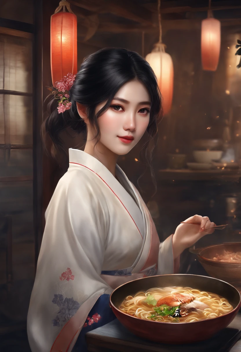 ramen、1人、girl with、A dark-haired、Hang your hair over your ears、japanes、Beautie、