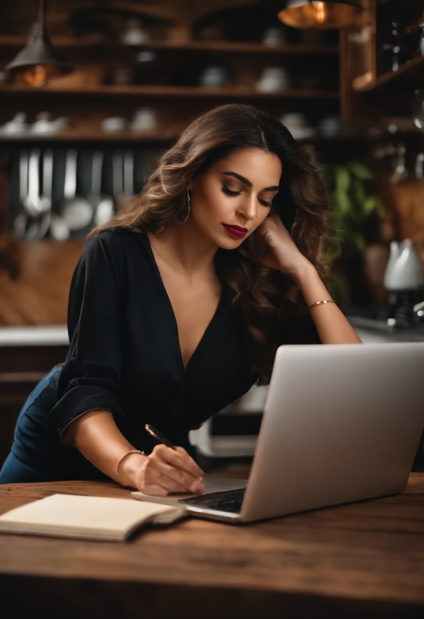 arquiteta mulher, loira, with black blouse and jeans, em uma cozinha, usando o notebook