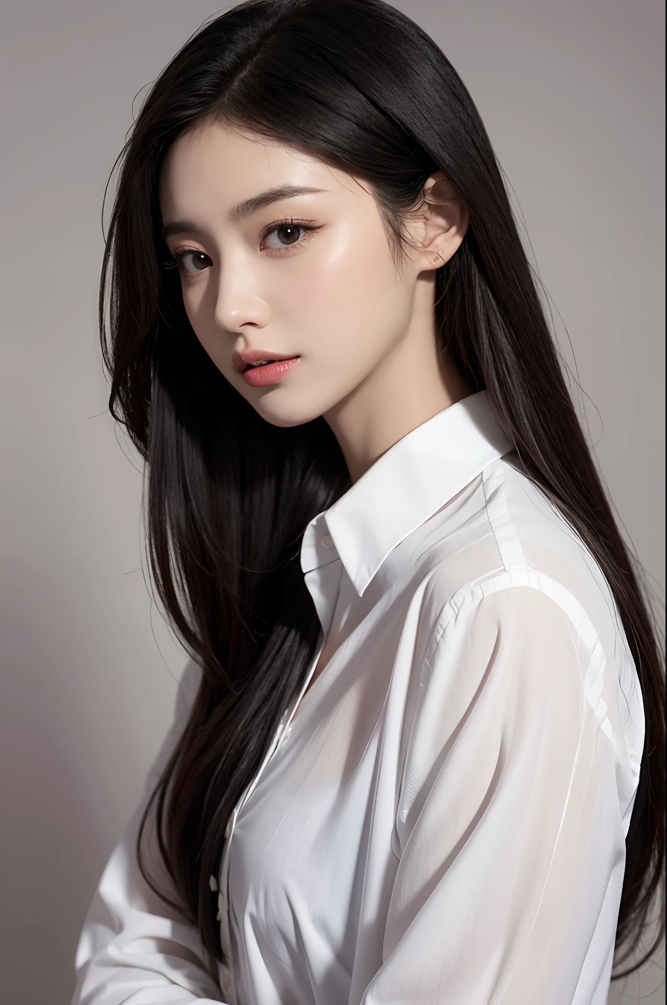 1girl, solo, long_hair, looking_at_viewer, shirt, black_hair, brown_eyes, closed_mouth, white_shirt, upper_body, parted_lips, collared_shirt, artist_name, grey_background, blurry, black_eyes, lips, dress_shirt, blurry_background, watermark, web_address, realistic, nose