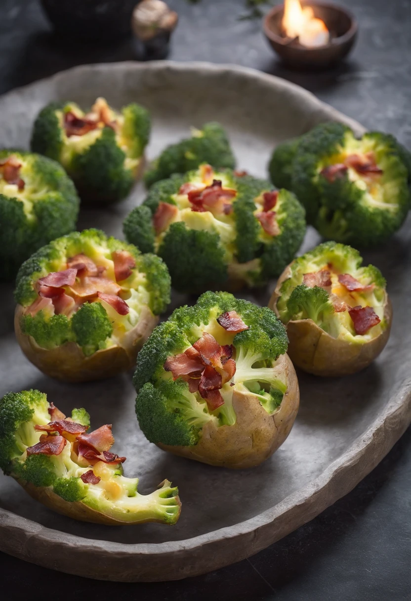 Broccoli stuffed potatoes with bacon halloween style, com catupiry e oregano, em uma embalagem aberta de isopor