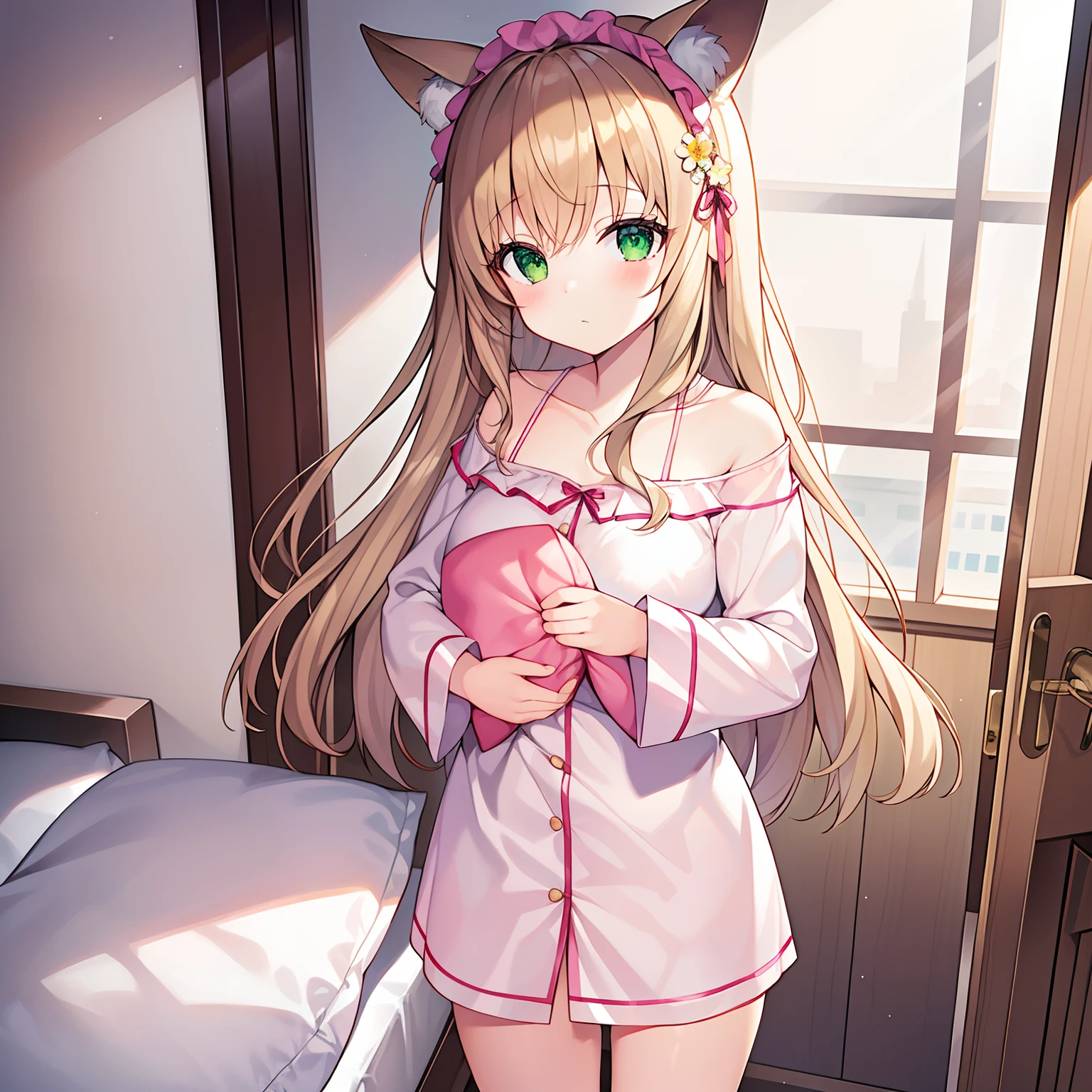 Masterpiece, Best quality, high resolution, 1girll, Solo, Oversized fox tail,(Long brown hair),Green eyes,Small flower headdress, (9 years old_Cute loli),Modern architecture,natta,(The girl stood at the bedroom door),((The girl was holding a large pillow on her chest_The girl wants to sleep with me)),Wear pink long-sleeved children's pajamas,An expectant expression,The moonlight shone on the girl from the side,seen from the front,