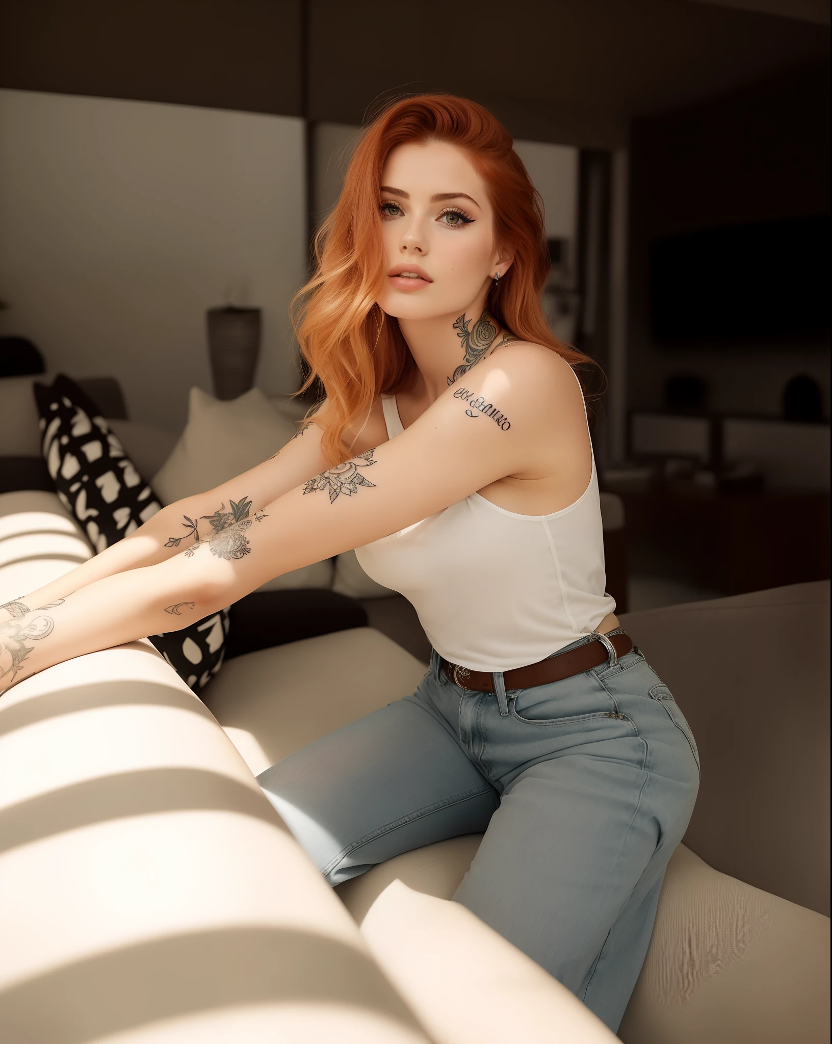 Woman sitting on a sofa with a tattoo on her arm, com tatuagens, com pano de fundo de luz natural, infp mulher jovem, Coberto, Ellie Bamber, traje : biquini branco, Jovana Rikalo, imagem de perfil, smooth pale skin, Pose casual, tattoo sleeve on her right arm, corpo perfeitamente sombreado, biquini branco
