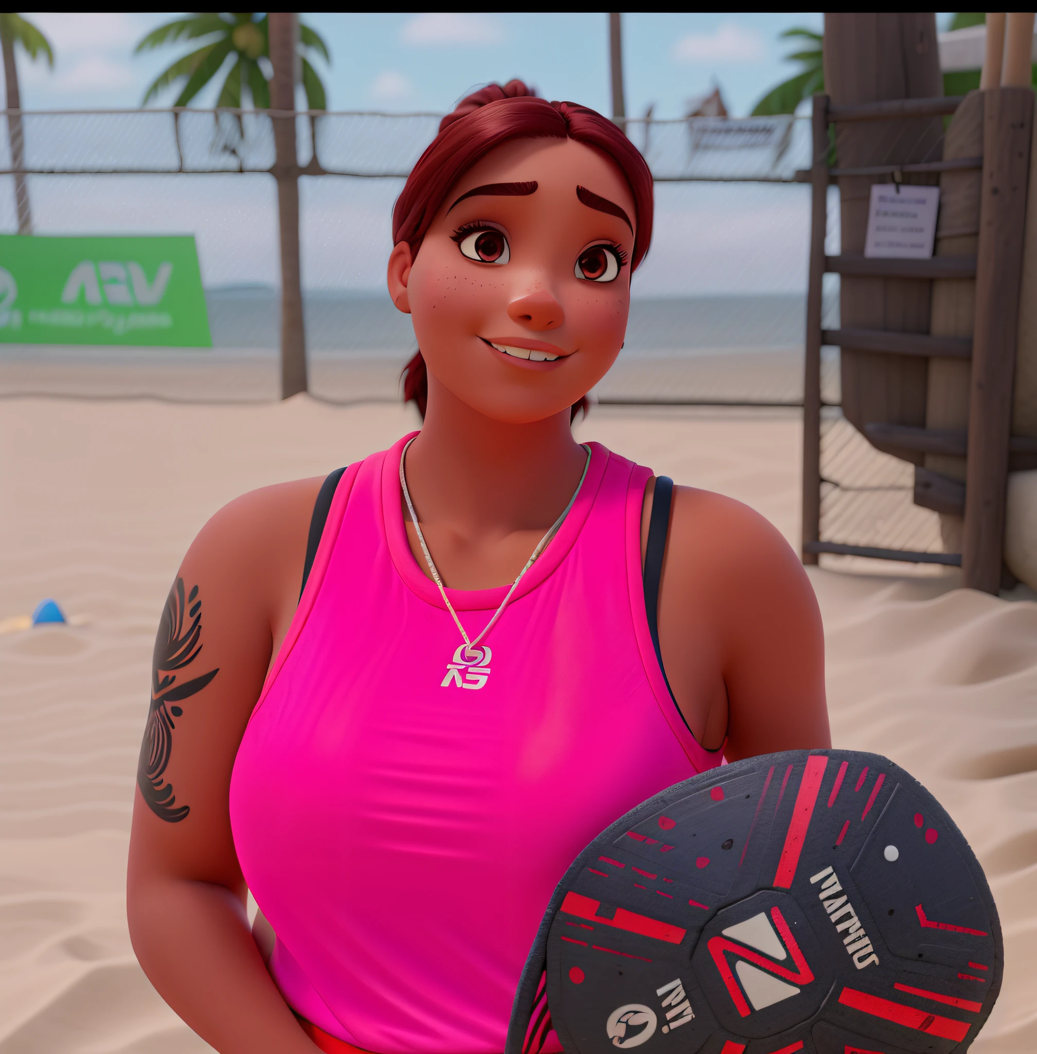 Uma mulher morena com cabelo vermelho preso como rabo de cavalo blusa regata pink segurando uma raquete de beach tennis e na areia estilo disney pixar, alta qualidade, melhor qualidade