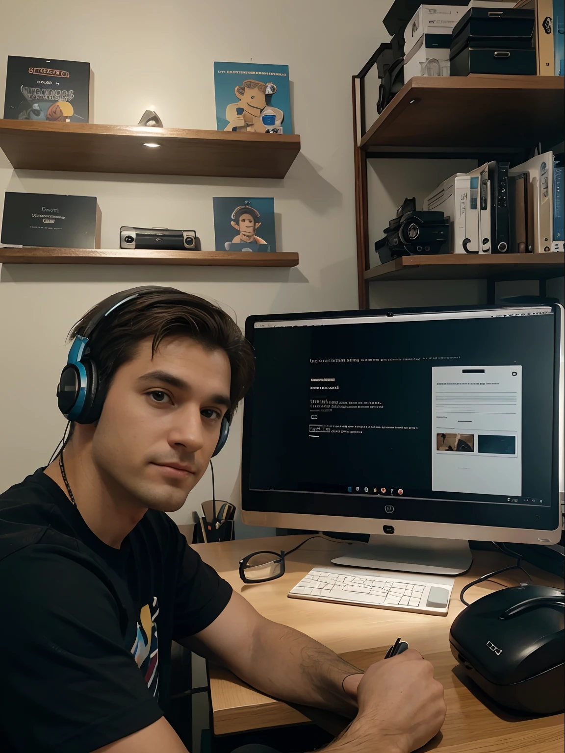 Create a pixar-inspired 3D poster/ Disney, capturando um homem com 18 anos, alto com cabelo escuro e escuros dourados, in your office working on your computer. he's analyzing your business data and showing your focus on working in e-Commerce. The office setup with bookshelves and a cup of coffee on the desk and with wireless headphones