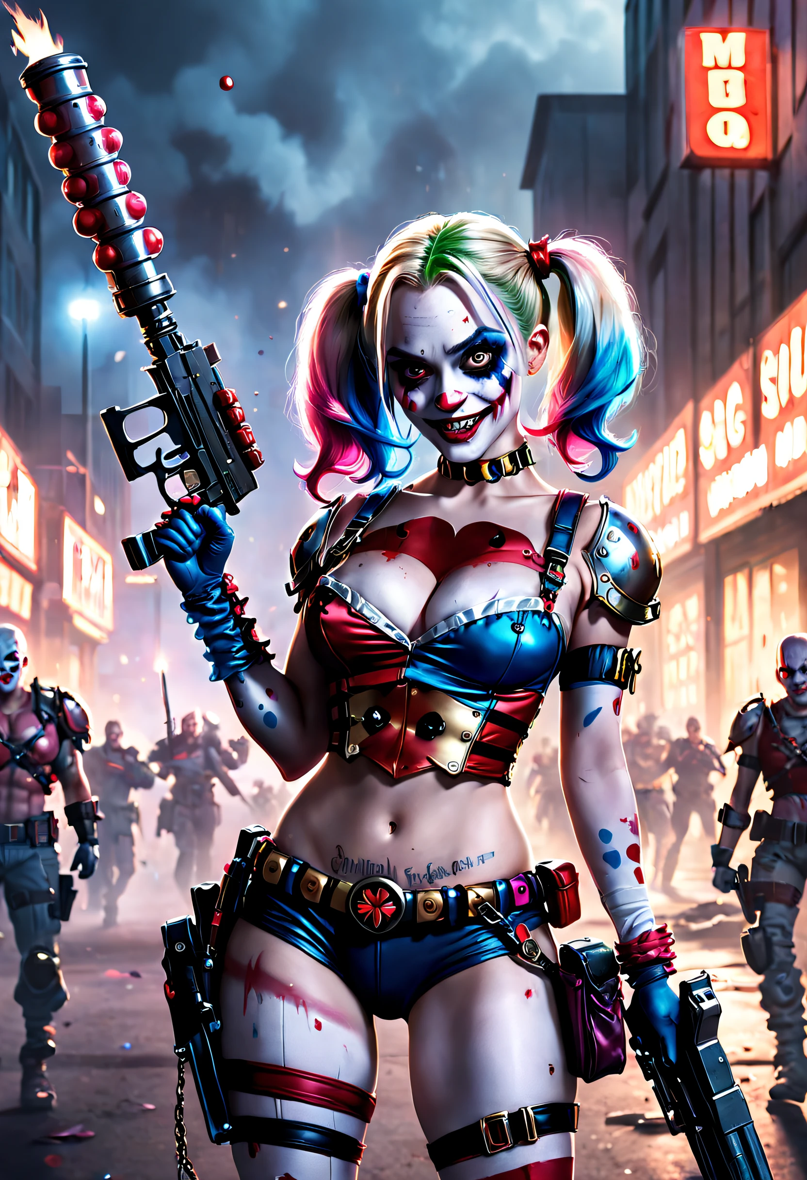 cinematic ligh，《Suicide Squad》，Harley Quinn, Clown Girl，Armed with a Gatling in hand