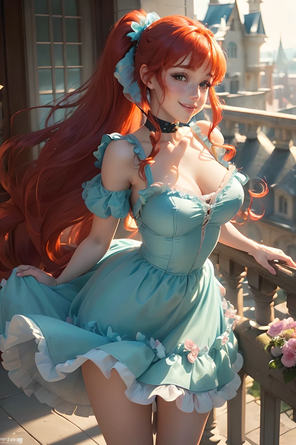 ((Giselle from disney enchanted live action movie)) ((happy smile)) ((beautiful face)) ((long messy redhead.pony tail hairstyle with bangs)) ((very huge breasts: 1.3)) (perfect slim body) ((wears aquamarine dress with skirt open in the front)) ((choker, hair ribbon with flowers)) ((posing sexy on balcony house)) (high definition, dynamic lights and shadows) ((masterpiece)) (8k) (perfect face) (best quality) (perfect hands)