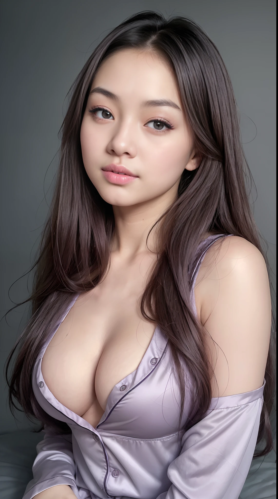(very cute girl) , like jennie kim face, (raw photo:1.2), (()), (photorealistic:1.4), russia mix korea hyper white skin, realistic skin texture, pale skin, very detailed eyes and face, beautiful detailed eyes, turkish nose, super detailed, high resolution, very detailed, masterpiece,unified, 48k wallpaper, amazing, Fine details, masterpiece, best quality, ((Tight F cup breasts size)), straight long hair, (extra long hair : 1.5), dark brown hair, elegant hair style, light on face, cinematic lighting, 1girl, perfect body, slim abs, skinny, ((1girl , beautiful face)), hyper realistic bright lighting, realistic shadow, ((wearing a twisted pajamas, purple color pajamas)), ((perfectly composition)), dynamic poses, dynamic shot angle, (All grey background)