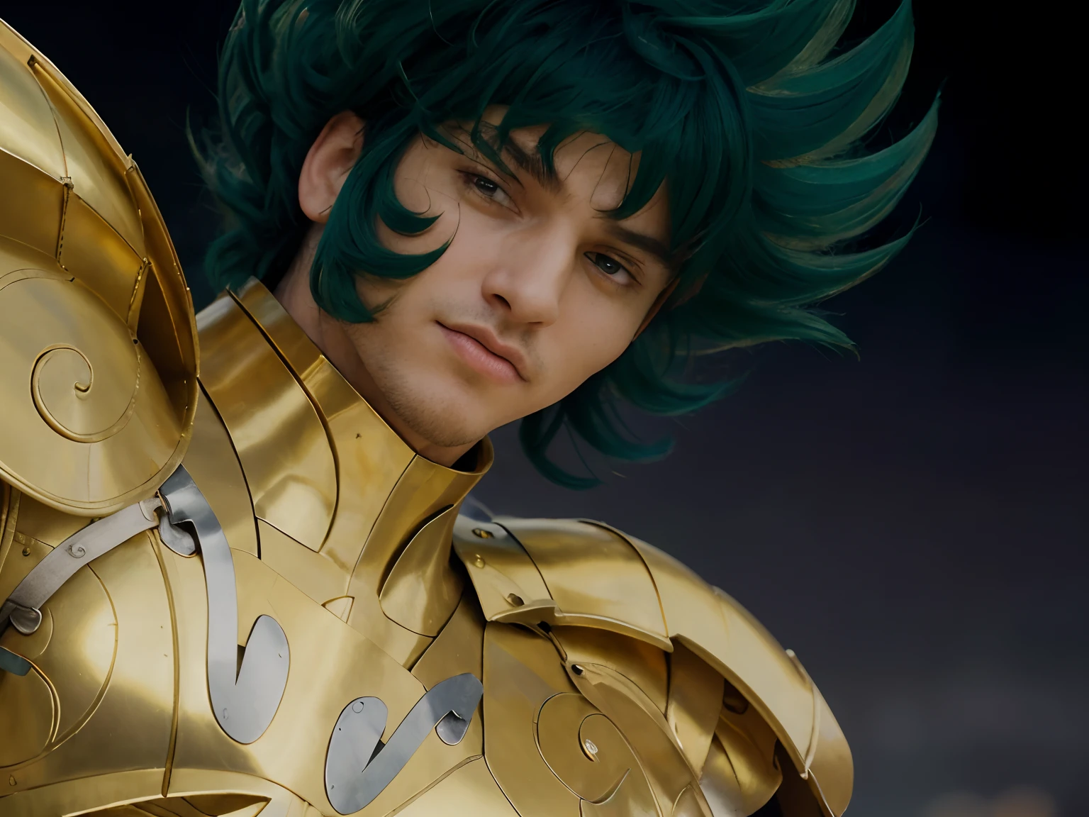 realistic, masterpiece, close up portrait of an man, male, spanish, 1boy, solo, serious, looking at viewer, wearing an medieval armor, (golden armor), chrome gold, (detailed armor), (ornate armor), dark green hair, (hair blowing in wind), hair bangs, realistic green hair, cinematic light, 4k, photorealistic, night and stars background.